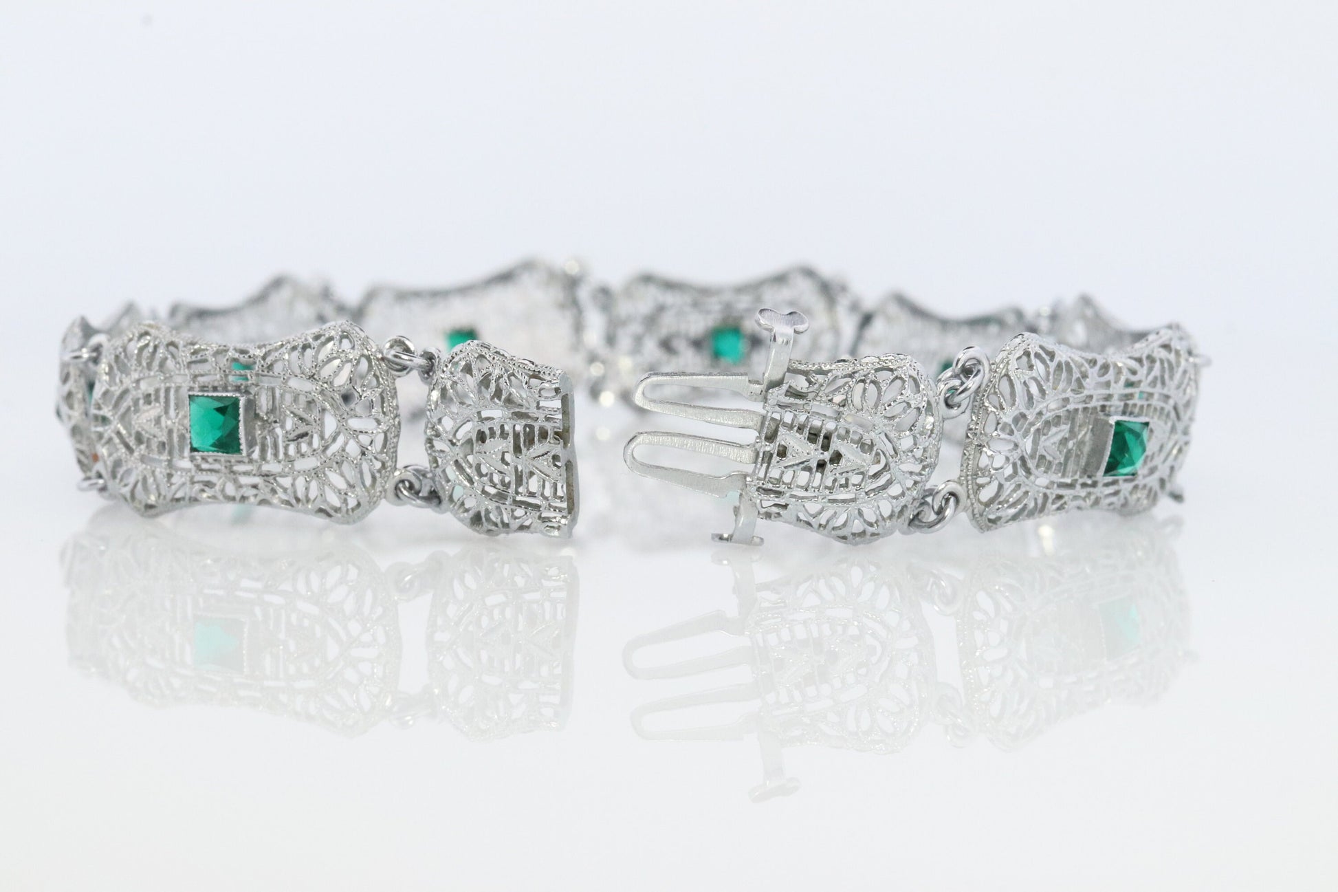 10k Art Deco Filigree Bracelet. Open Scroll link Princess Emerald bracelet. Art Deco Intricate Delicate Shield Bracelet.