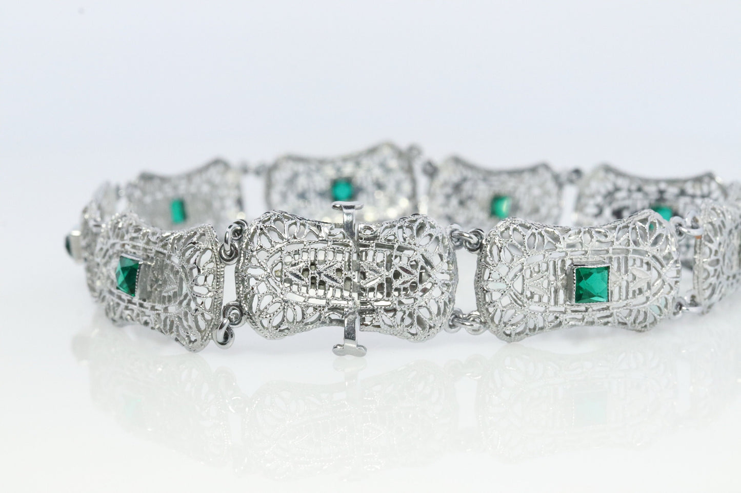 10k Art Deco Filigree Bracelet. Open Scroll link Princess Emerald bracelet. Art Deco Intricate Delicate Shield Bracelet.
