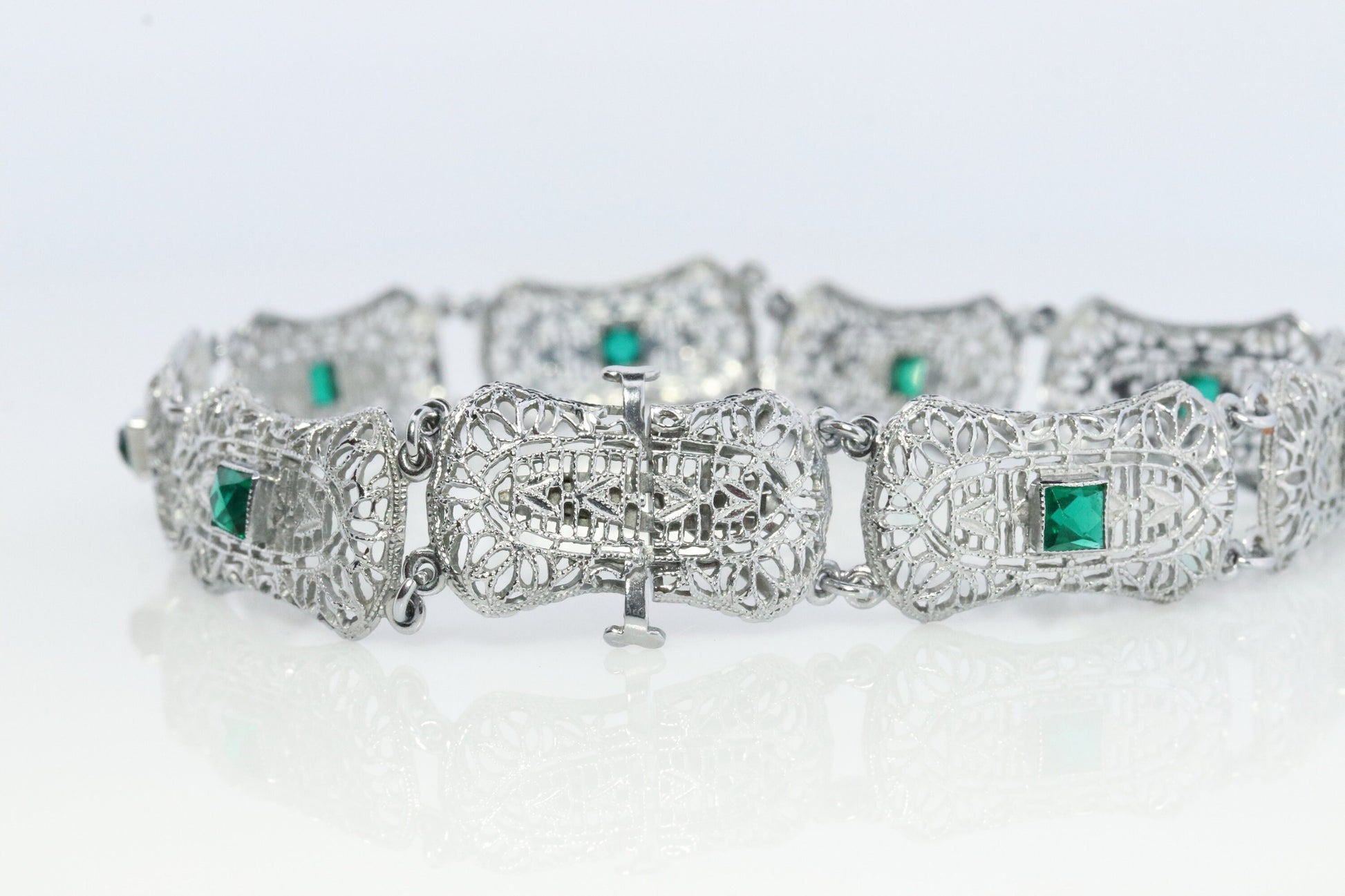 10k Art Deco Filigree Bracelet. Open Scroll link Princess Emerald bracelet. Art Deco Intricate Delicate Shield Bracelet.