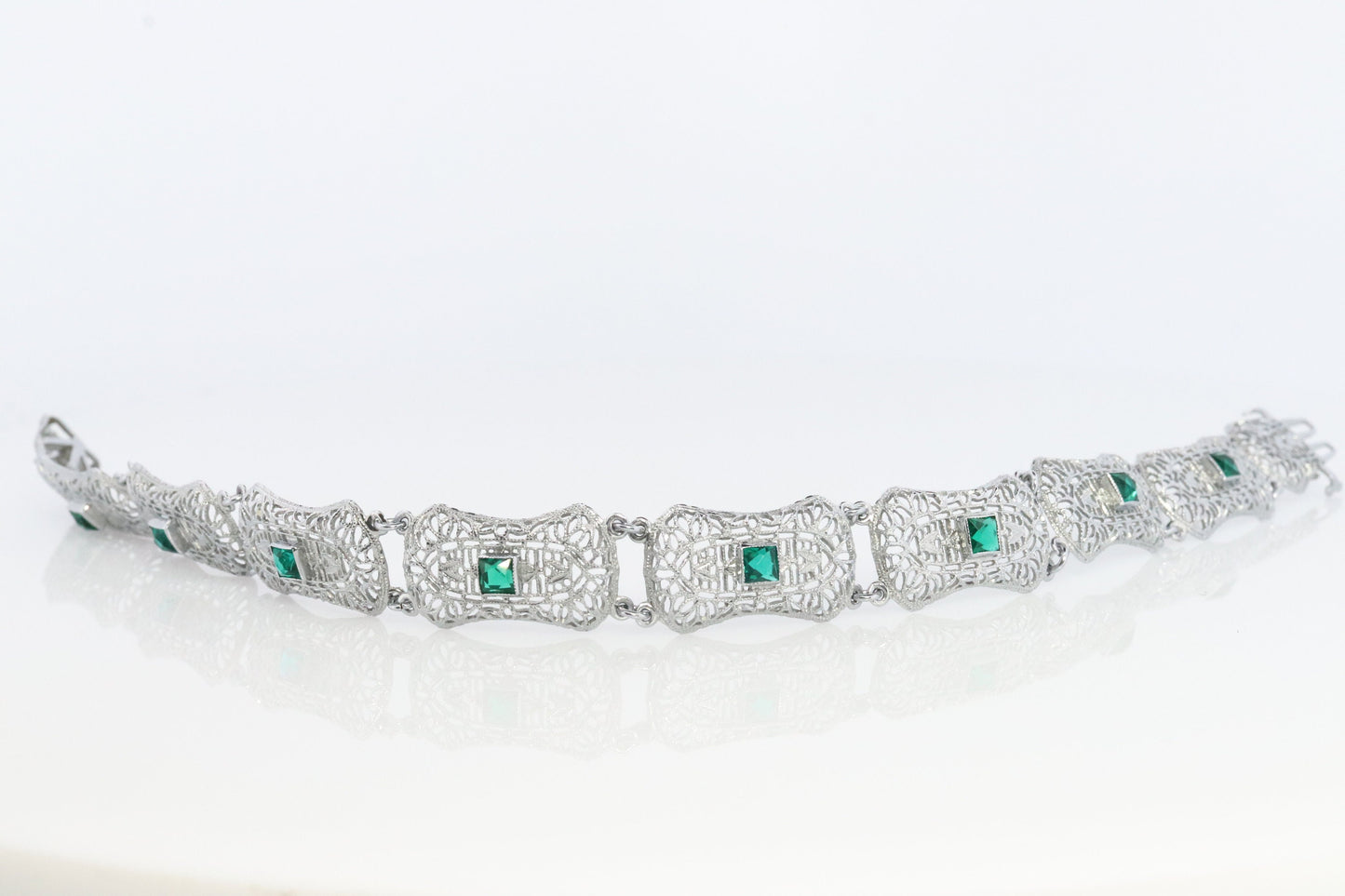 10k Art Deco Filigree Bracelet. Open Scroll link Princess Emerald bracelet. Art Deco Intricate Delicate Shield Bracelet.