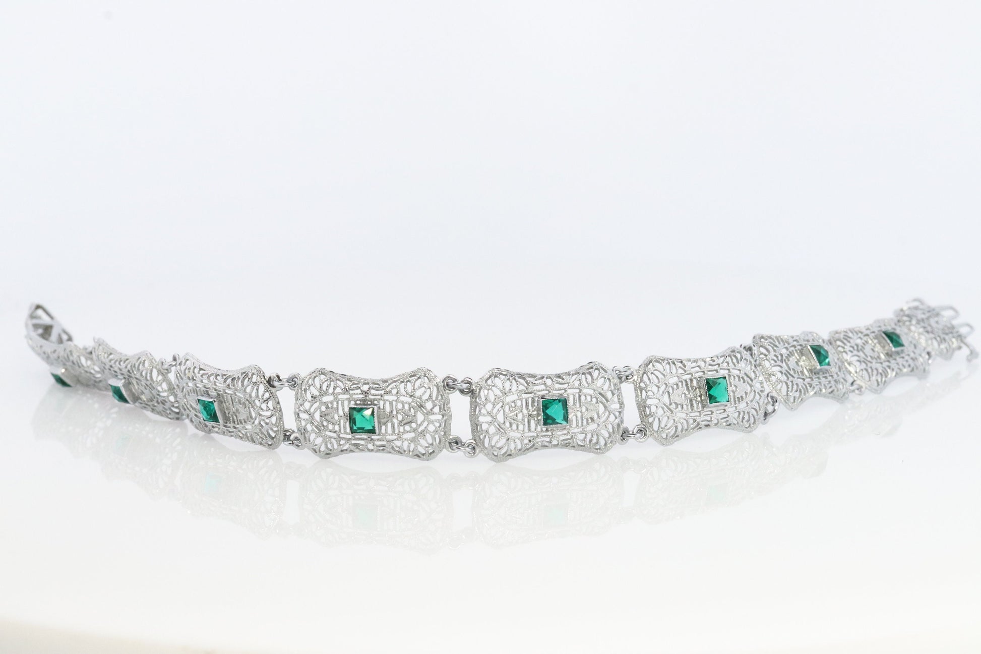 10k Art Deco Filigree Bracelet. Open Scroll link Princess Emerald bracelet. Art Deco Intricate Delicate Shield Bracelet.