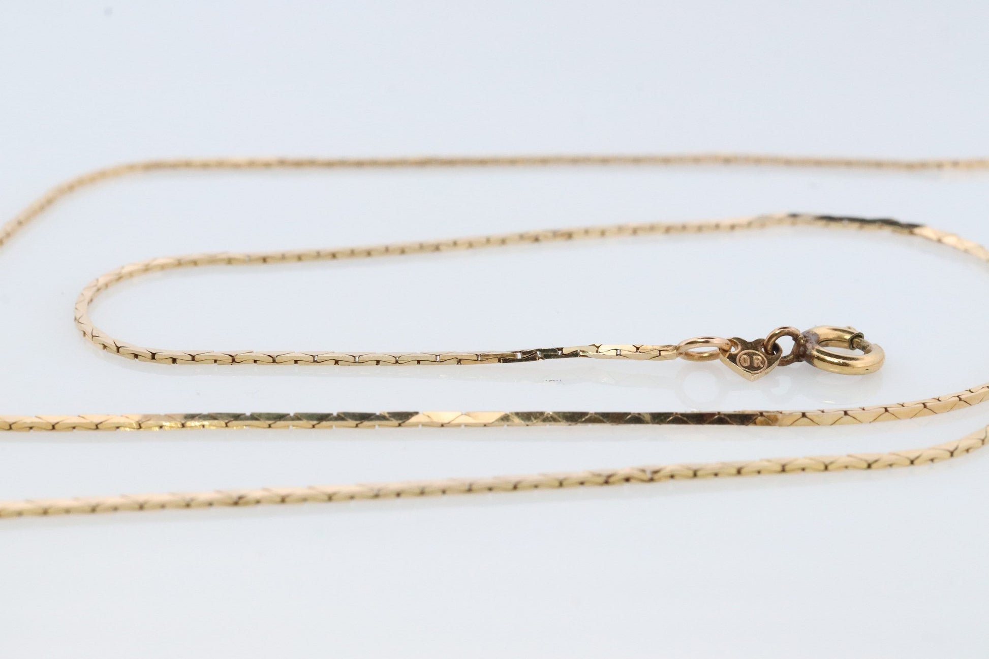 14k Triangle Omega Necklace. 14k Yellow Gold Box triangular Snake chain Necklace.