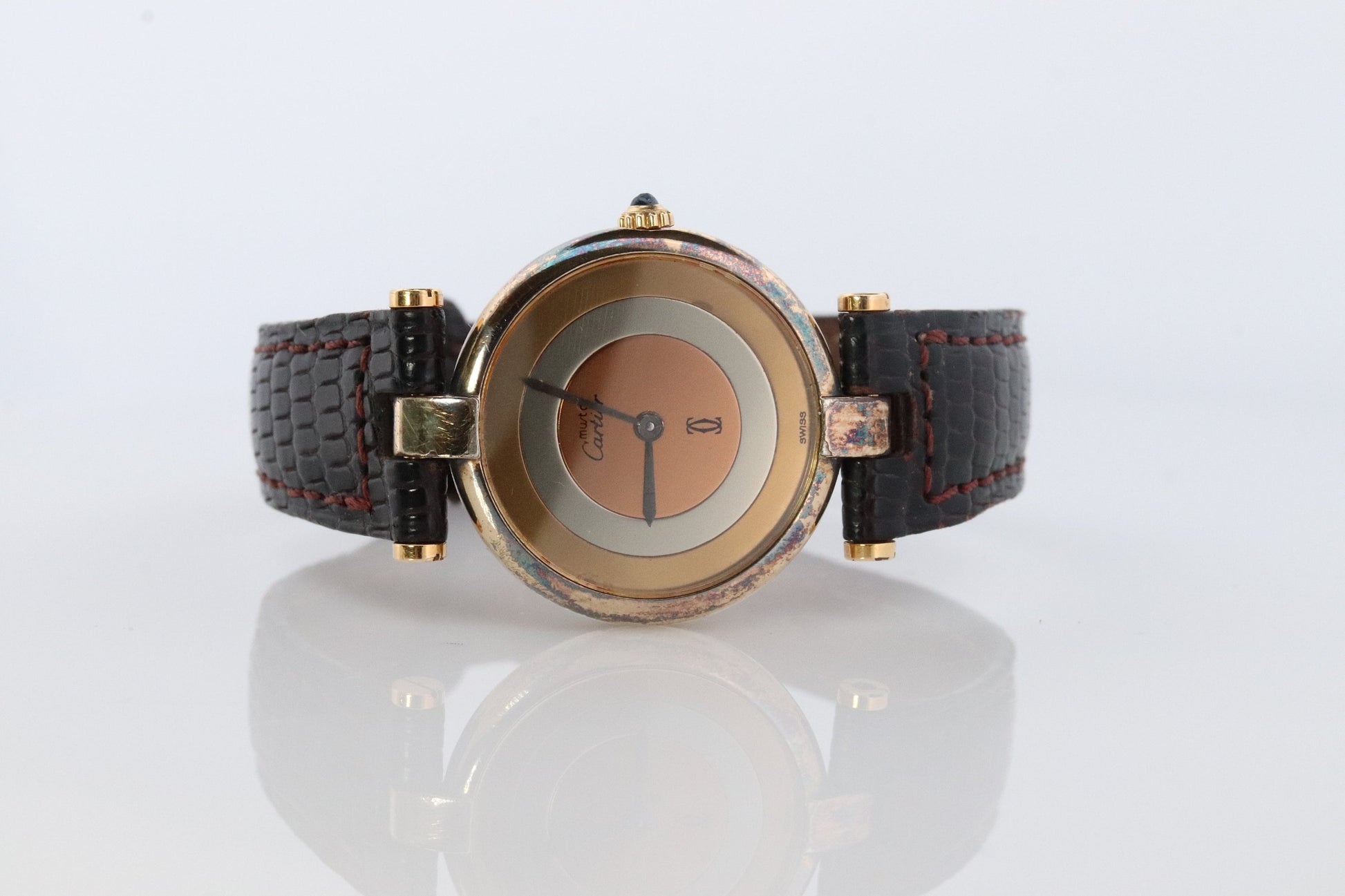Vintage Must de Cartier Vendome Trinity Watch. ARGENT Cartier 925 Vermeil Quartz Ardent ROUND Swiss Made. Triple, Three tone Cartier.