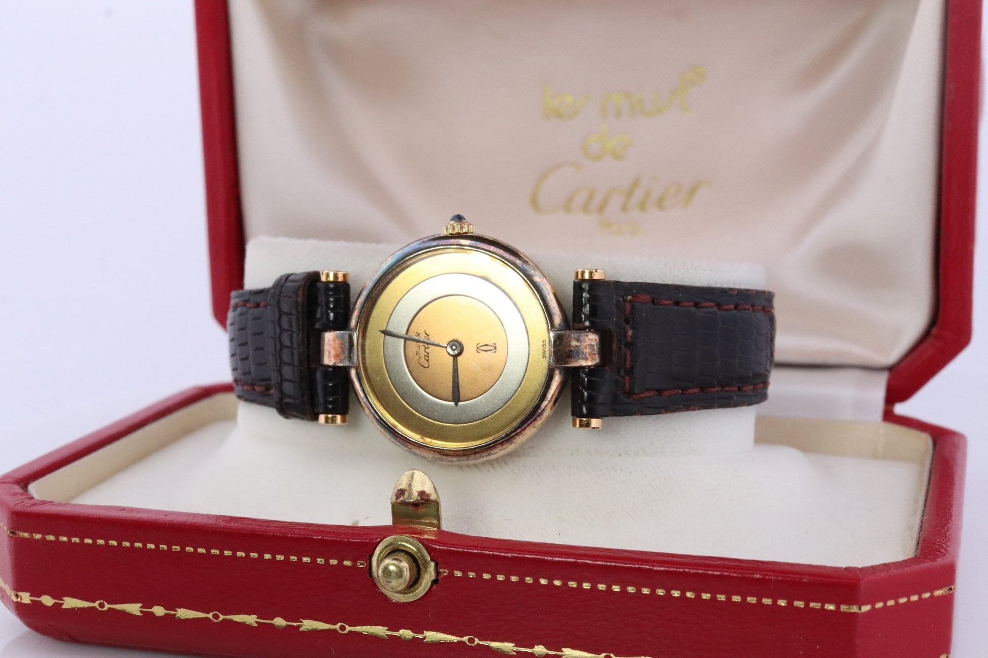 Vintage Must de Cartier Vendome Trinity Watch. ARGENT Cartier 925 Vermeil Quartz Ardent ROUND Swiss Made. Triple, Three tone Cartier.