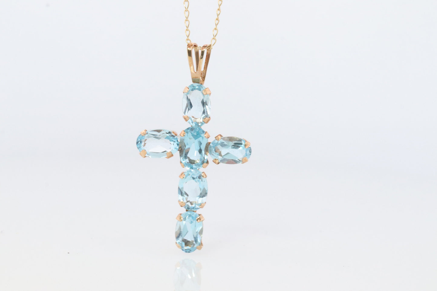 10k Topaz Cross Pendant. Crucifix Christian set Swiss Aqua Topaz.