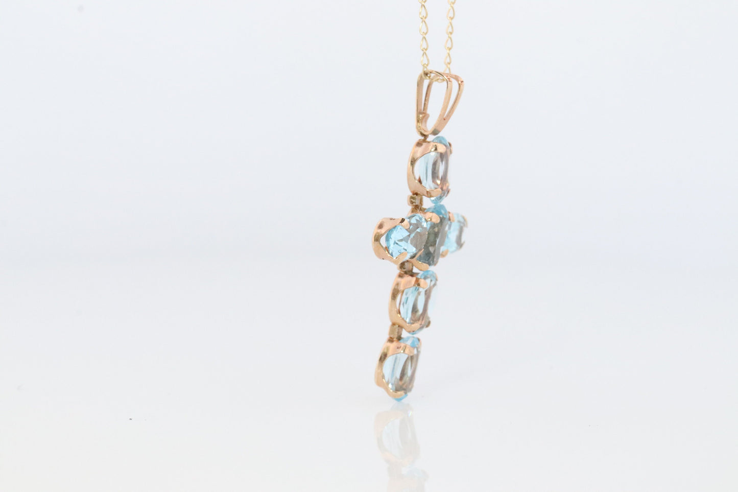 10k Topaz Cross Pendant. Crucifix Christian set Swiss Aqua Topaz.
