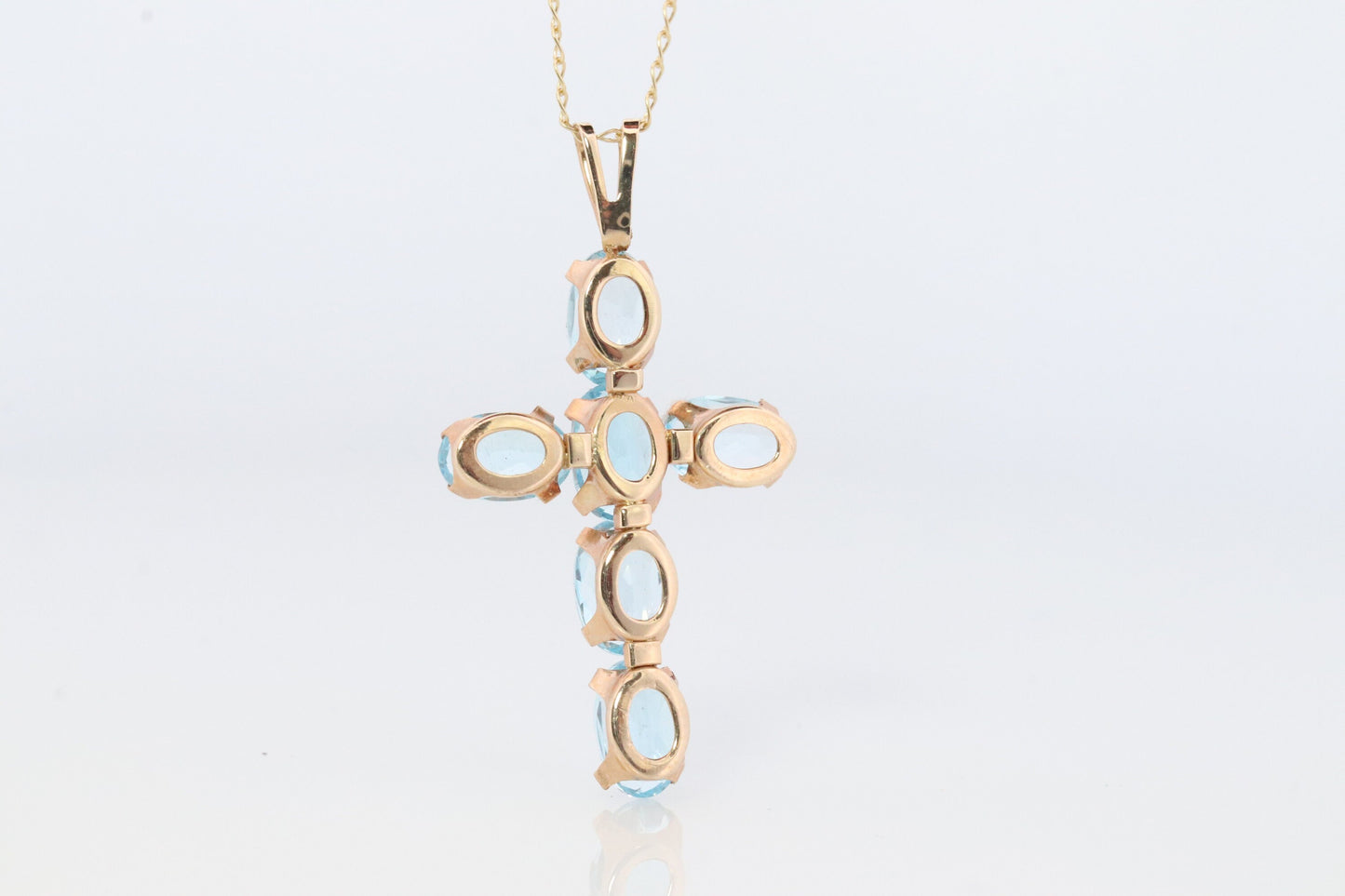10k Topaz Cross Pendant. Crucifix Christian set Swiss Aqua Topaz.