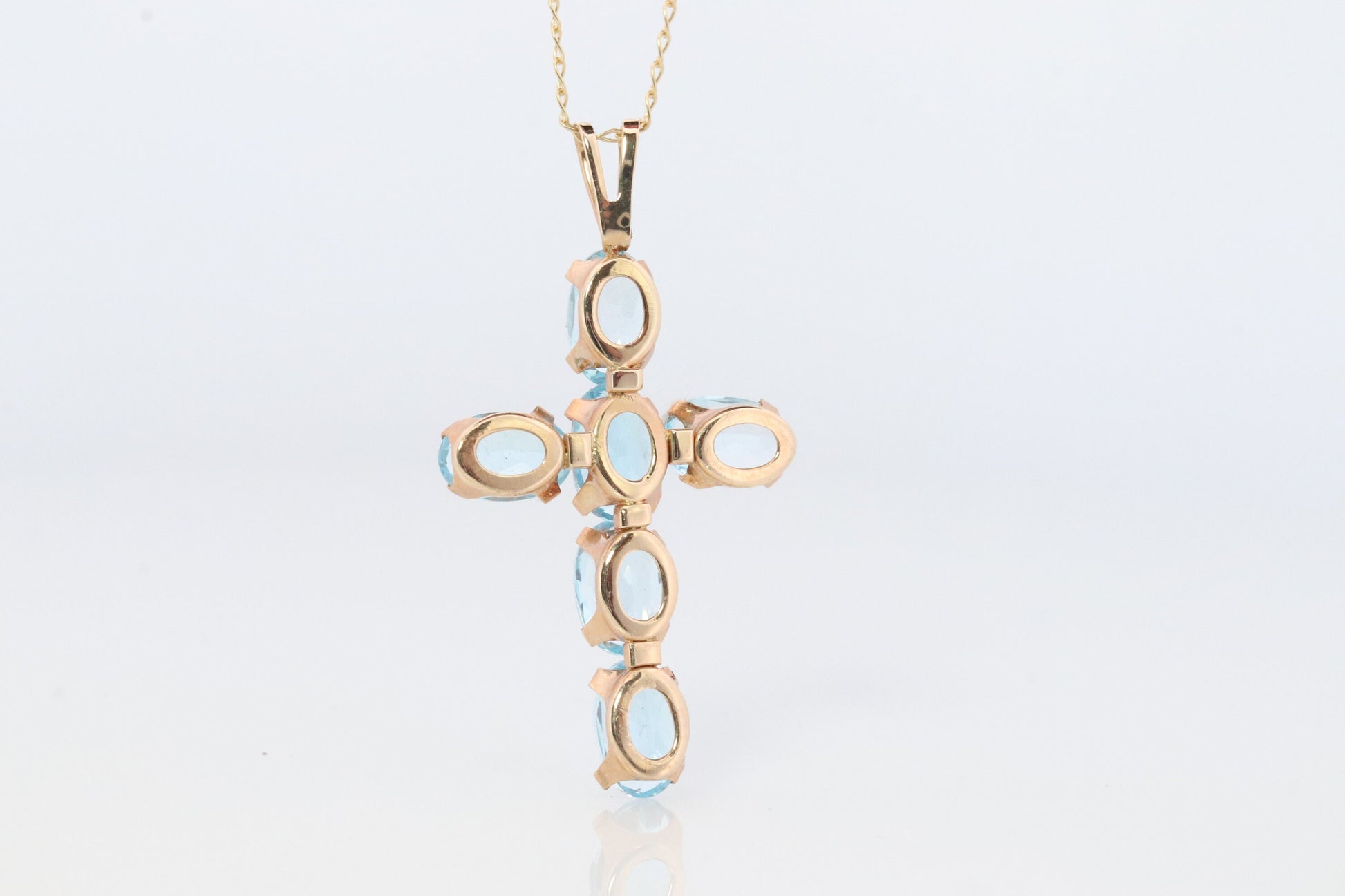 10k Topaz Cross Pendant. Crucifix Christian set Swiss Aqua Topaz.