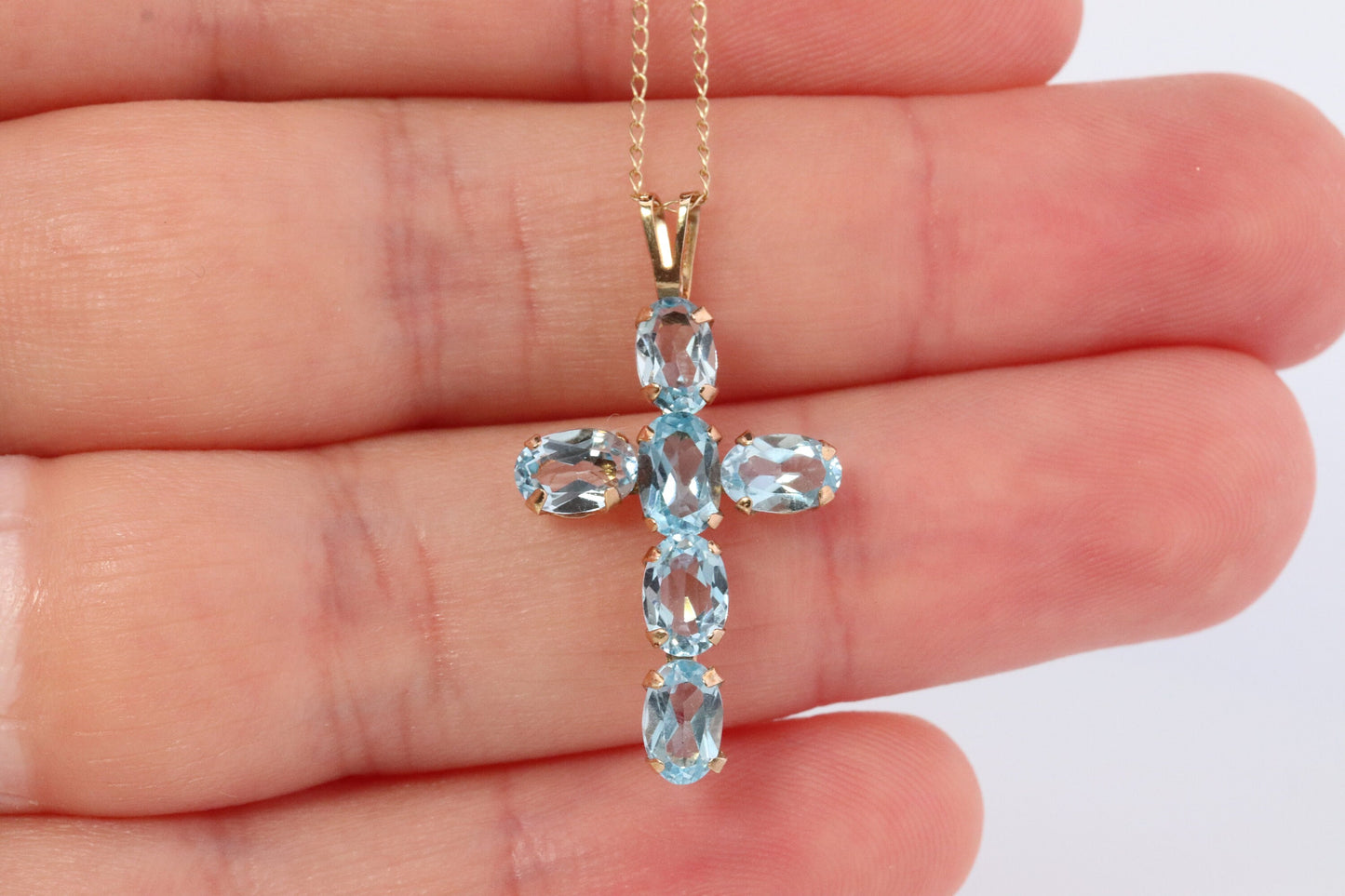 10k Topaz Cross Pendant. Crucifix Christian set Swiss Aqua Topaz.