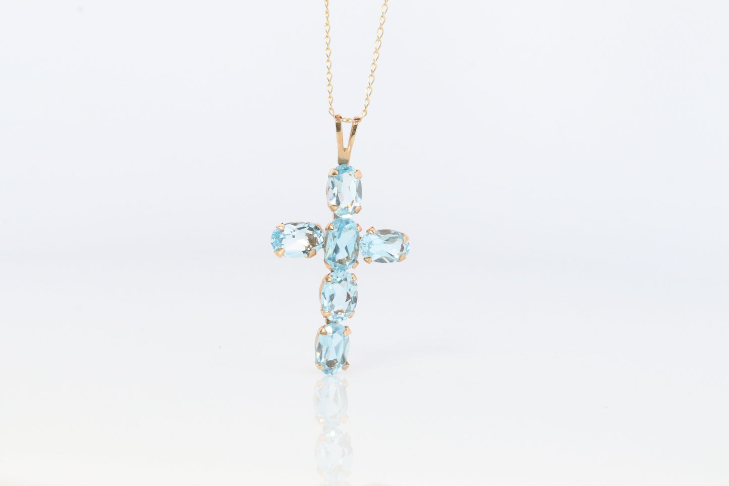10k Topaz Cross Pendant. Crucifix Christian set Swiss Aqua Topaz.
