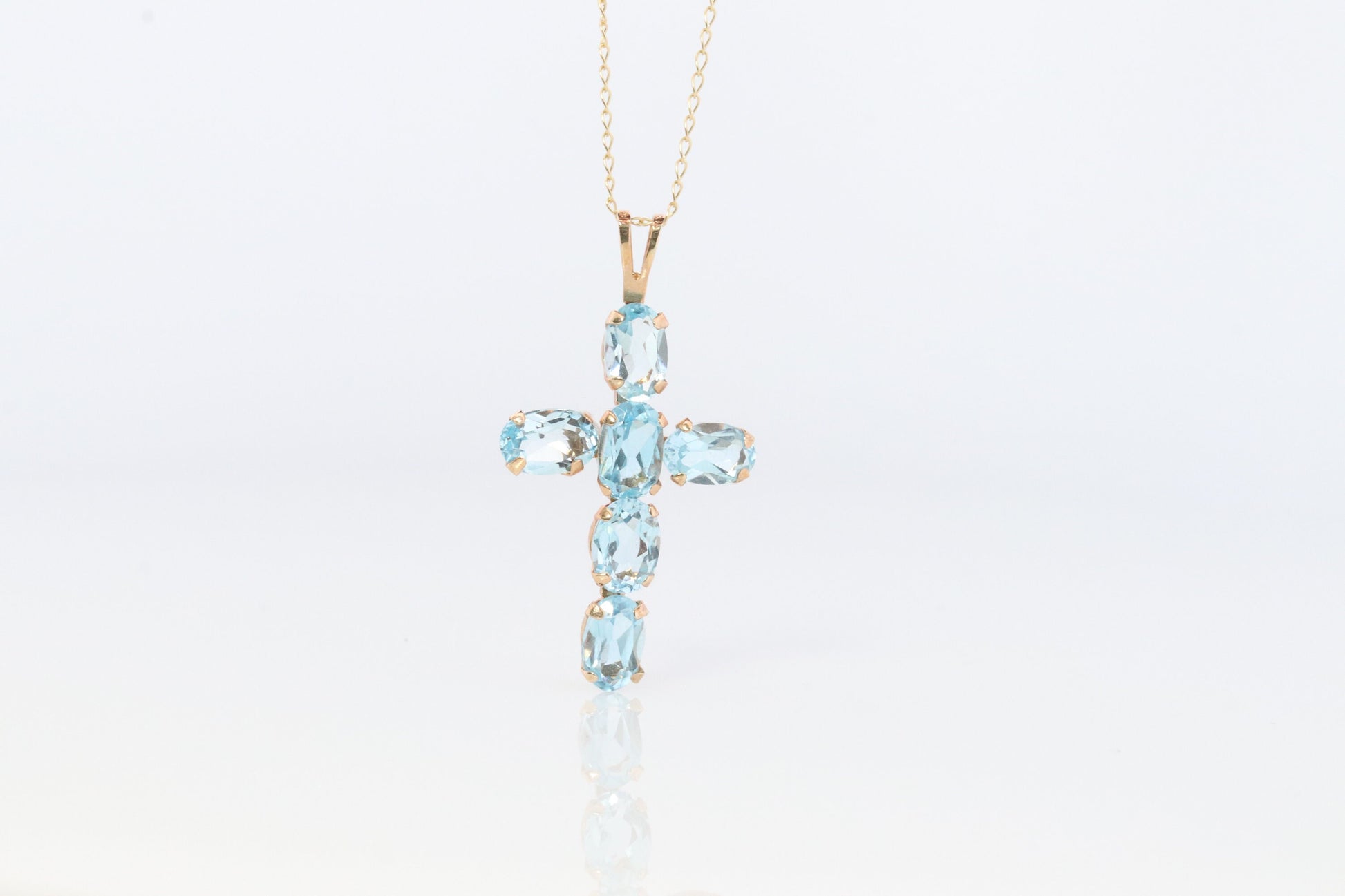 10k Topaz Cross Pendant. Crucifix Christian set Swiss Aqua Topaz.
