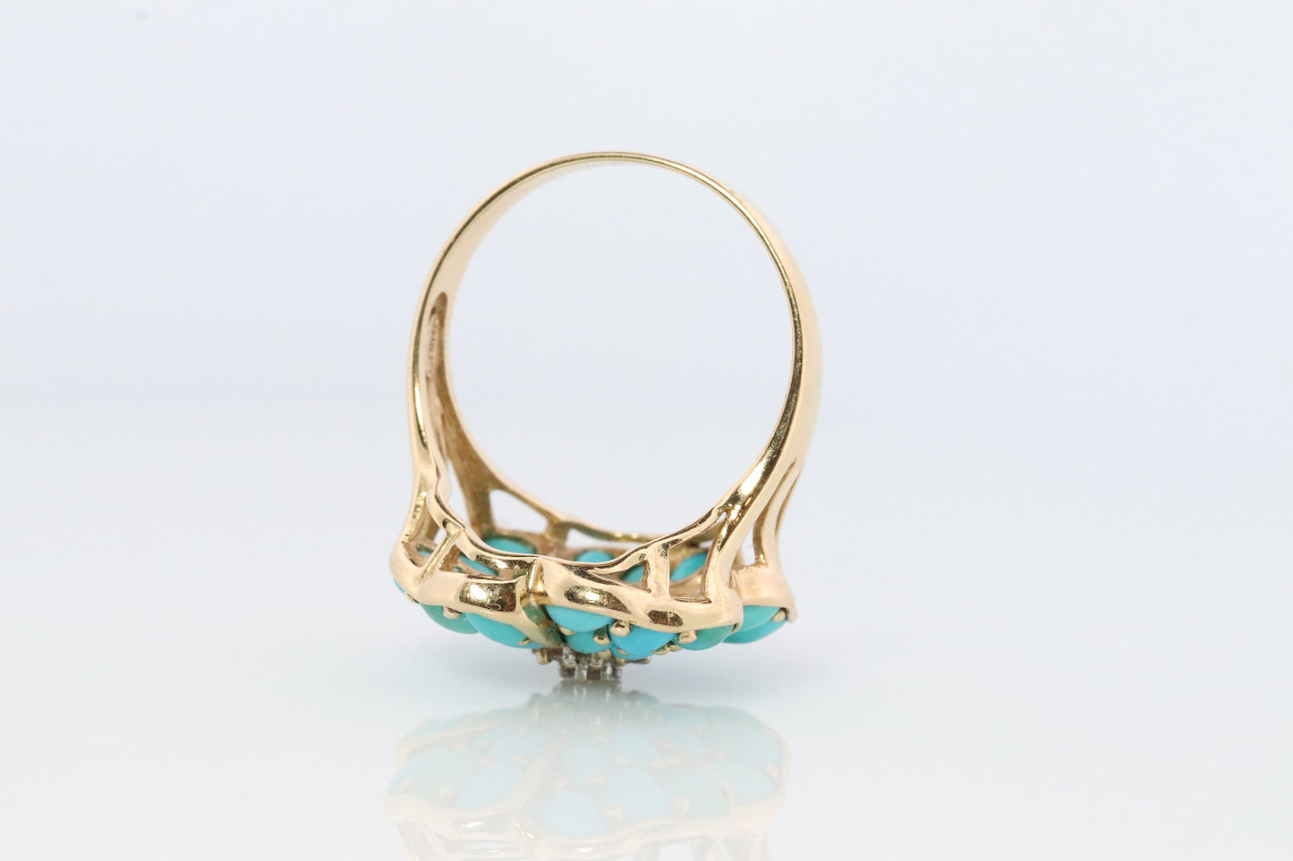 14k Large Turquoise Cabochon and Diamond Ring. 14k Cluster Turquoise Flower with Diamond center Ring (146)