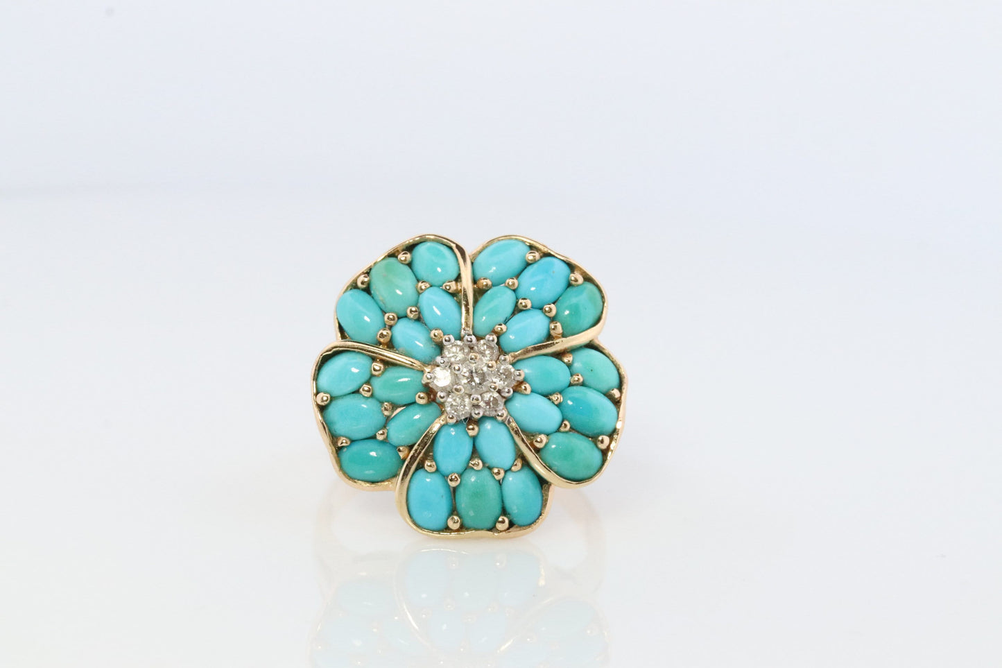 14k Large Turquoise Cabochon and Diamond Ring. 14k Cluster Turquoise Flower with Diamond center Ring (146)