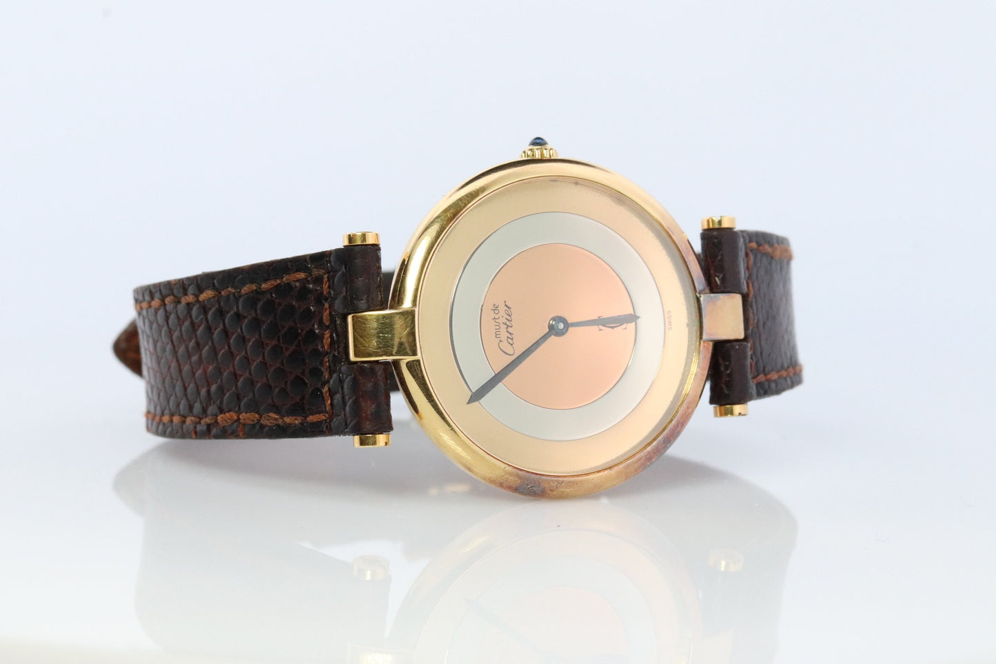 Vintage Must de Cartier Large Vendome Trinity Watch. ARGENT Cartier 925 Vermeil Quartz Ardent ROUND Swiss Made. Triple, Three tone Cartier.