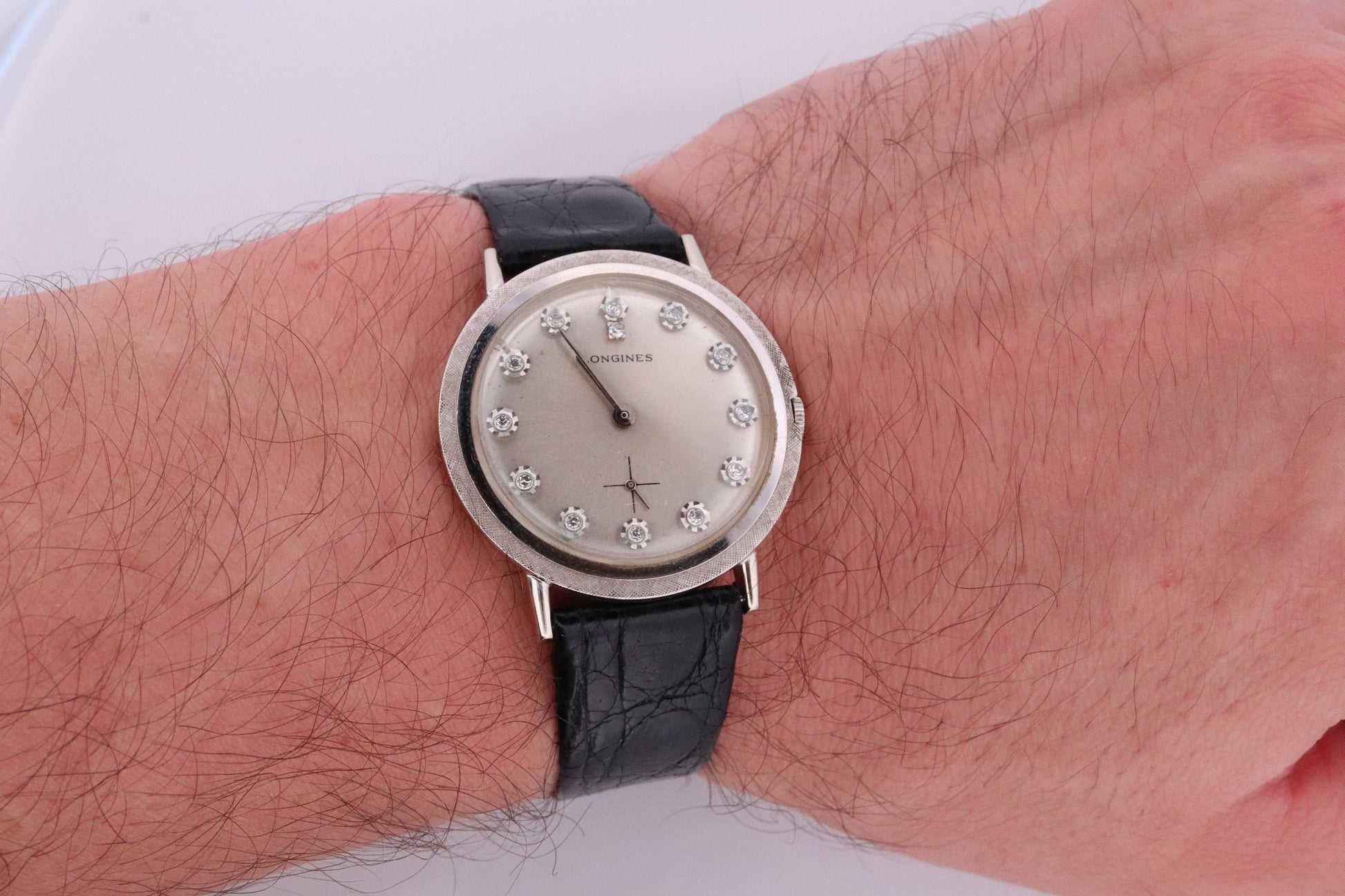 LONGINES WATCH. 14k Longines Diamond Mens Watch with 13 diamond Face. 1950s-1960s Manual Watch.