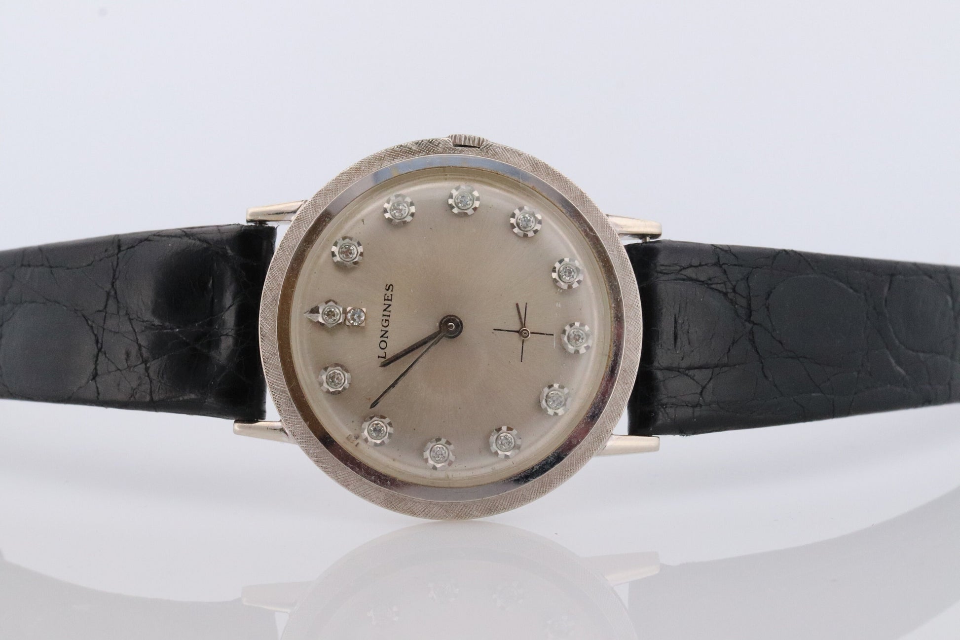 LONGINES WATCH. 14k Longines Diamond Mens Watch with 13 diamond Face. 1950s-1960s Manual Watch.