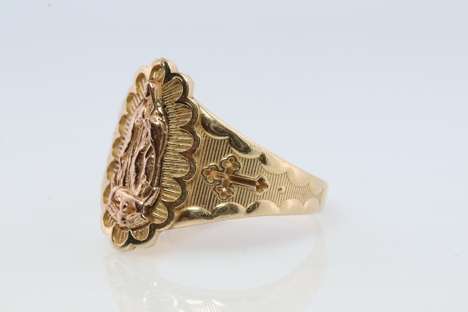 Vintage 14k Yellow Gold Pendant. Marian Cross Band. Madonna Pendant. VIRGIN Mary Ring. Mother Medallion Signet ring.