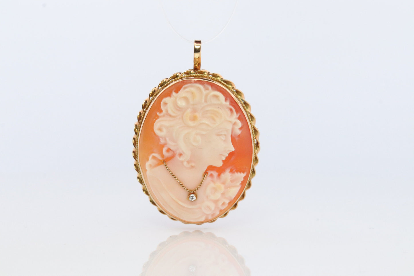 14k Yellow Gold Cameo w/ Diamond, Vintage Filigree Carved Shell Brooch Pin or Pendant. Carved Cameo Shell Pendant and Brooch.