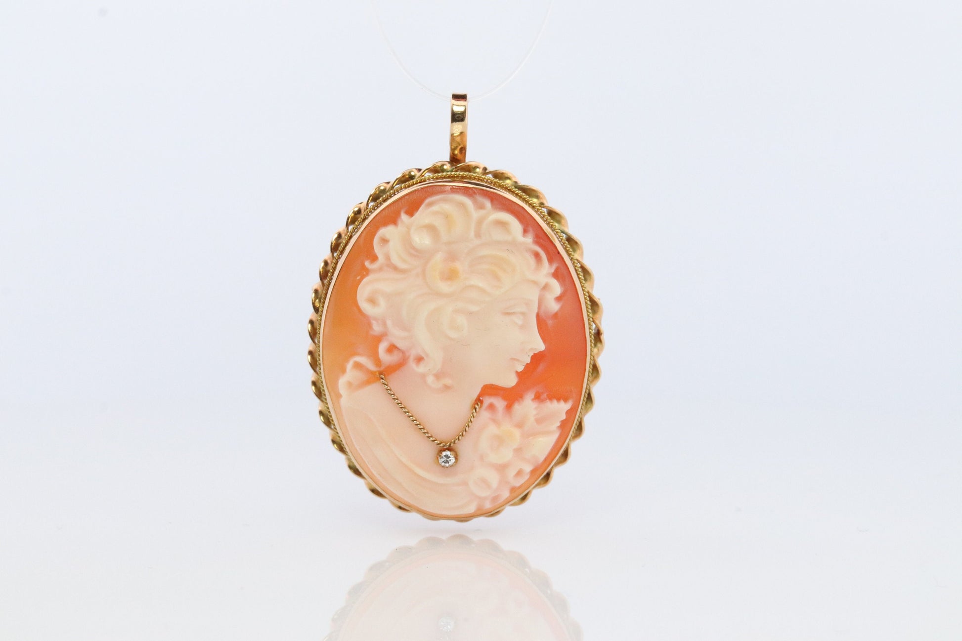 14k Yellow Gold Cameo w/ Diamond, Vintage Filigree Carved Shell Brooch Pin or Pendant. Carved Cameo Shell Pendant and Brooch.
