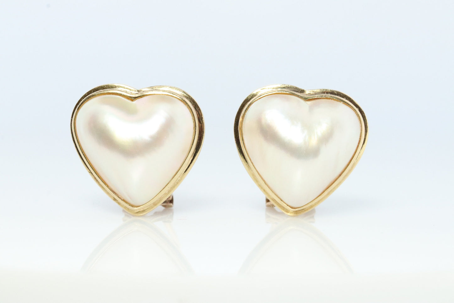 14k Large MABE Pearl Earrings Diamond Omega earrings. Omega Back Heart Round Mabe Pearl Earrings
