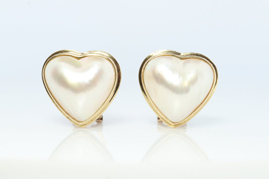 14k Large MABE Pearl Earrings Diamond Omega earrings. Omega Back Heart Round Mabe Pearl Earrings
