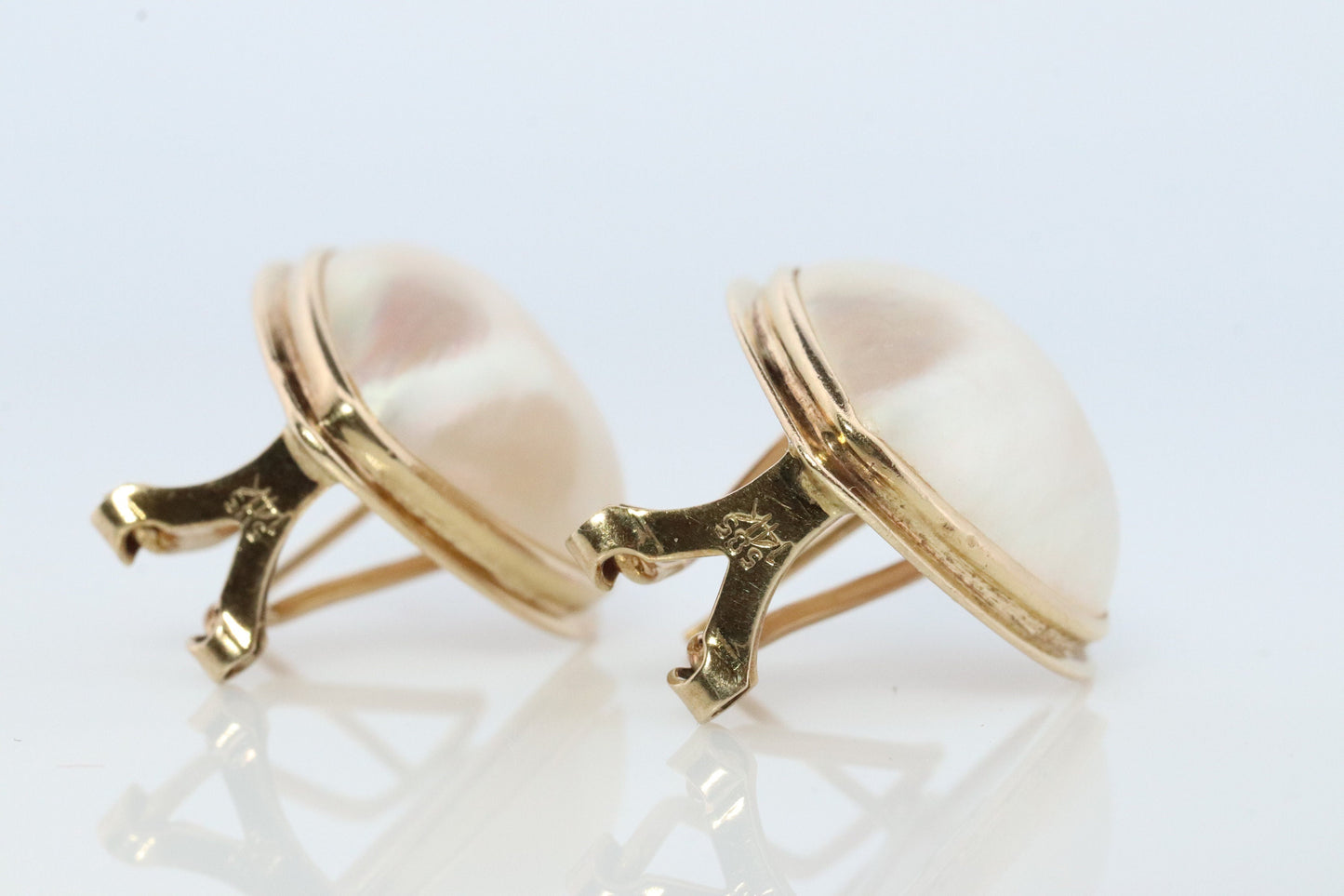 14k Large MABE Pearl Earrings Diamond Omega earrings. Omega Back Heart Round Mabe Pearl Earrings