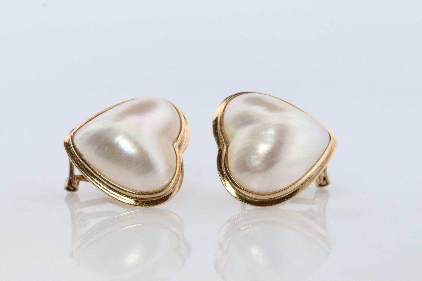 14k Large MABE Pearl Earrings Diamond Omega earrings. Omega Back Heart Round Mabe Pearl Earrings