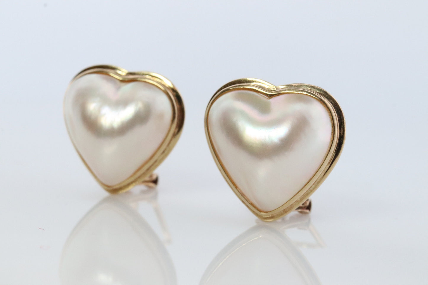 14k Large MABE Pearl Earrings Diamond Omega earrings. Omega Back Heart Round Mabe Pearl Earrings