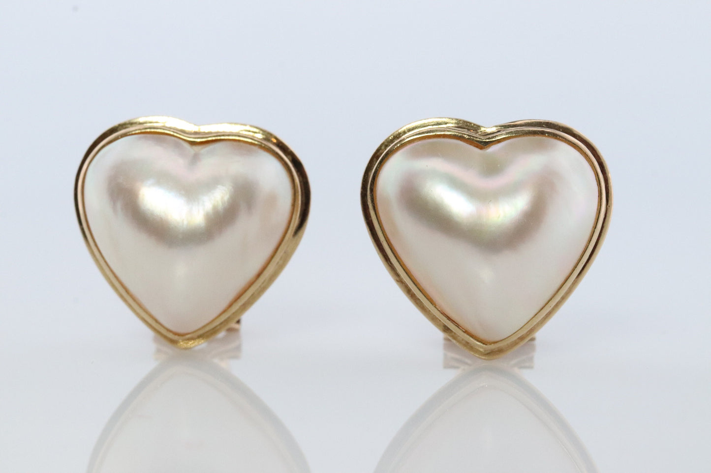 14k Large MABE Pearl Earrings Diamond Omega earrings. Omega Back Heart Round Mabe Pearl Earrings