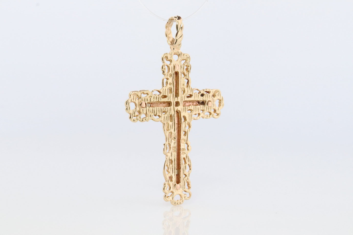 14k Detailed Cross. Crucified Jesus Crucifix 14k Gold Pendant. Tricolor Yellow Rose Yellow Gold Layered Cross.