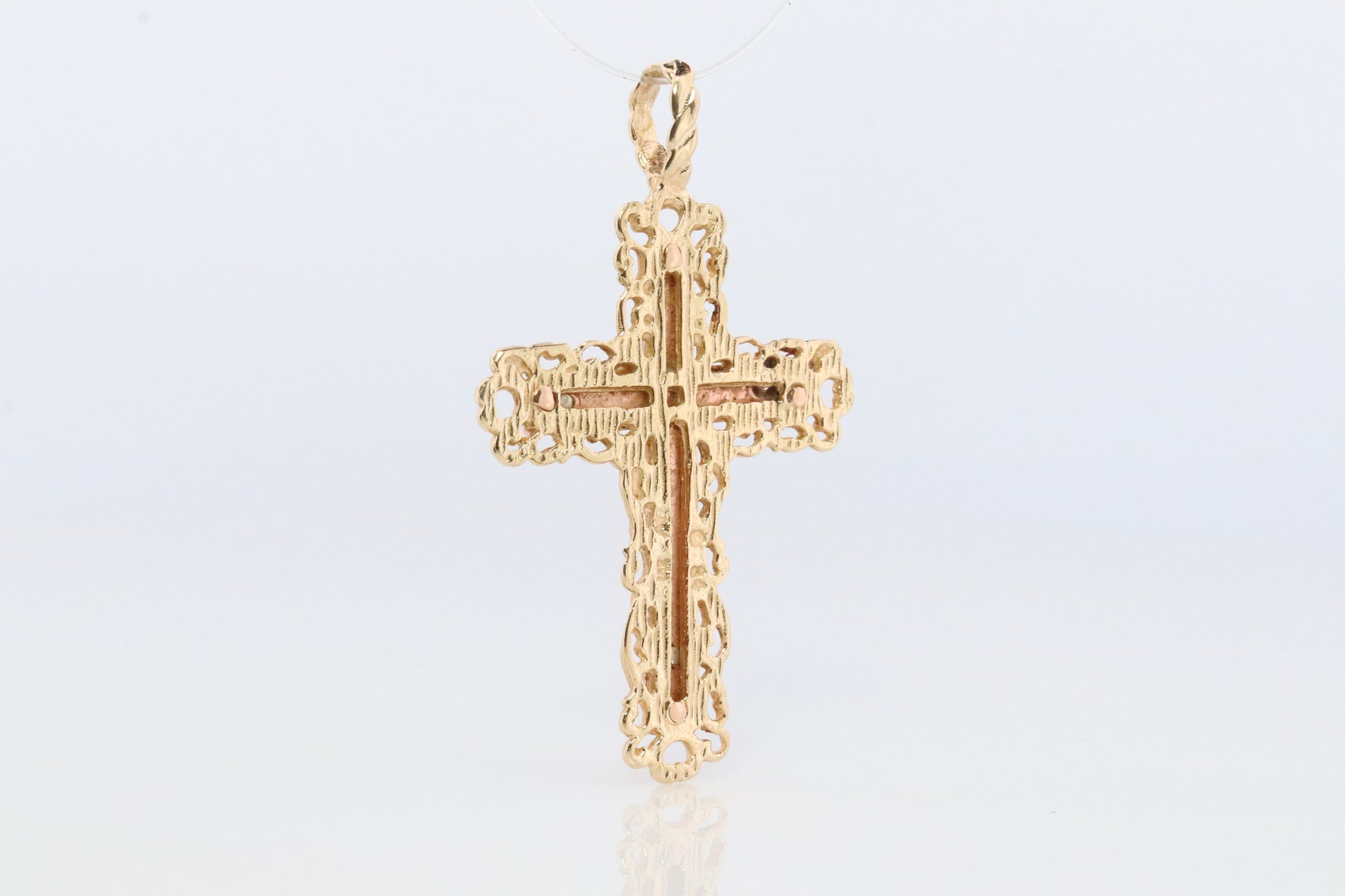 14k Detailed Cross. Crucified Jesus Crucifix 14k Gold Pendant. Tricolor Yellow Rose Yellow Gold Layered Cross.