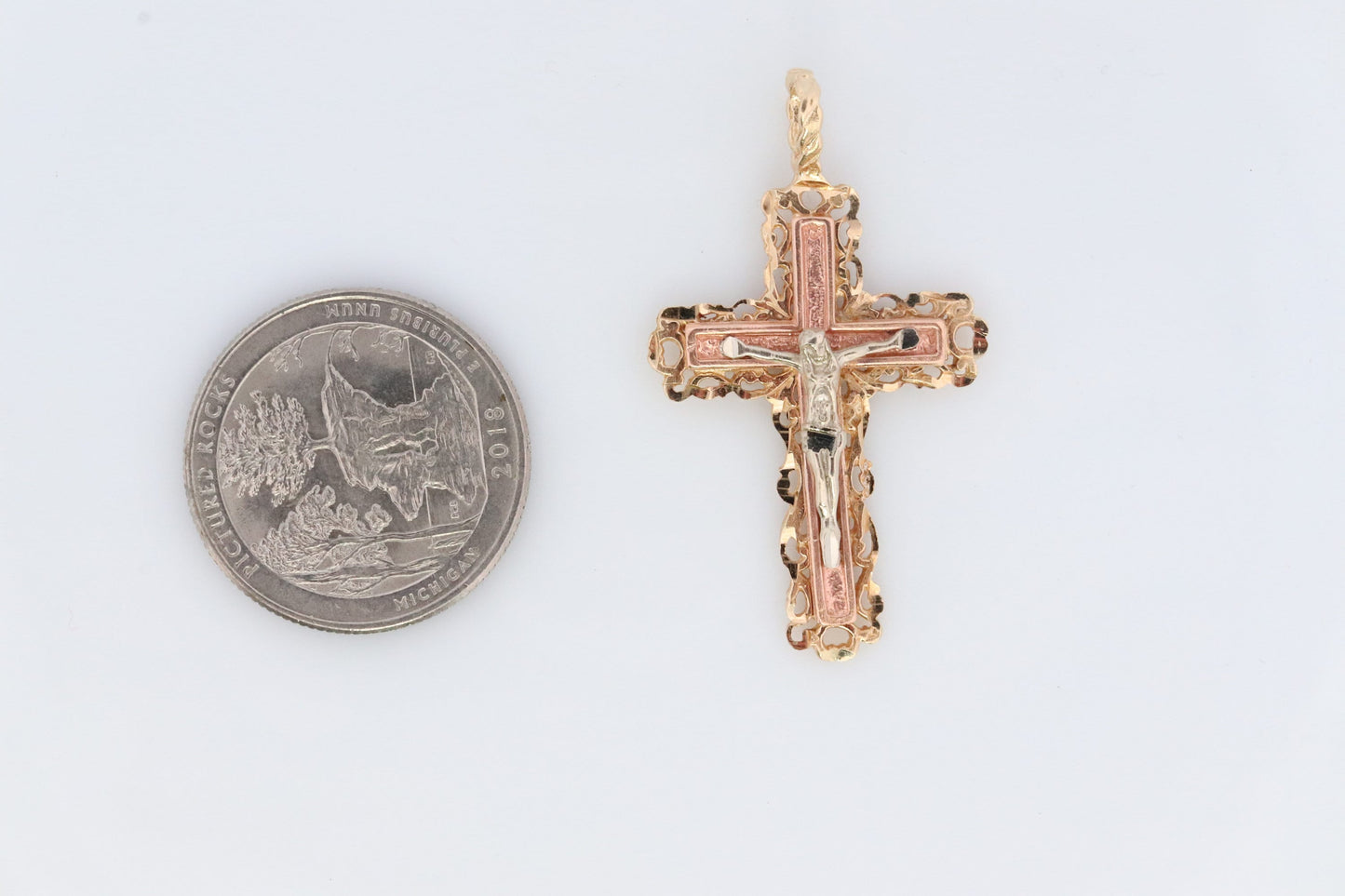 14k Detailed Cross. Crucified Jesus Crucifix 14k Gold Pendant. Tricolor Yellow Rose Yellow Gold Layered Cross.