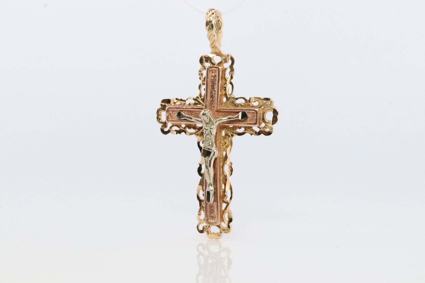 14k Detailed Cross. Crucified Jesus Crucifix 14k Gold Pendant. Tricolor Yellow Rose Yellow Gold Layered Cross.