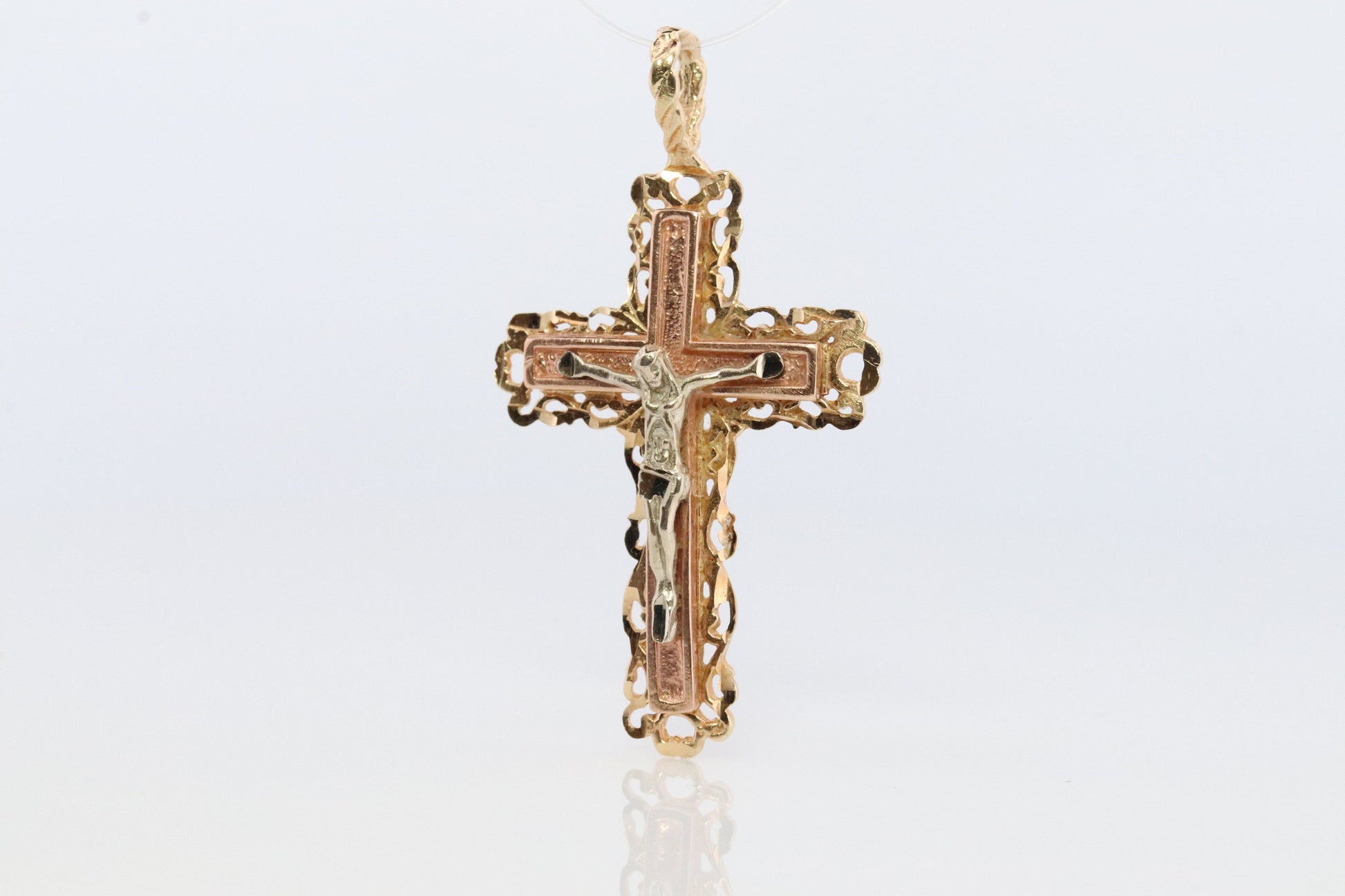 14k Detailed Cross. Crucified Jesus Crucifix 14k Gold Pendant. Tricolor Yellow Rose Yellow Gold Layered Cross.
