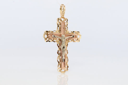 14k Detailed Cross. Crucified Jesus Crucifix 14k Gold Pendant. Tricolor Yellow Rose Yellow Gold Layered Cross.