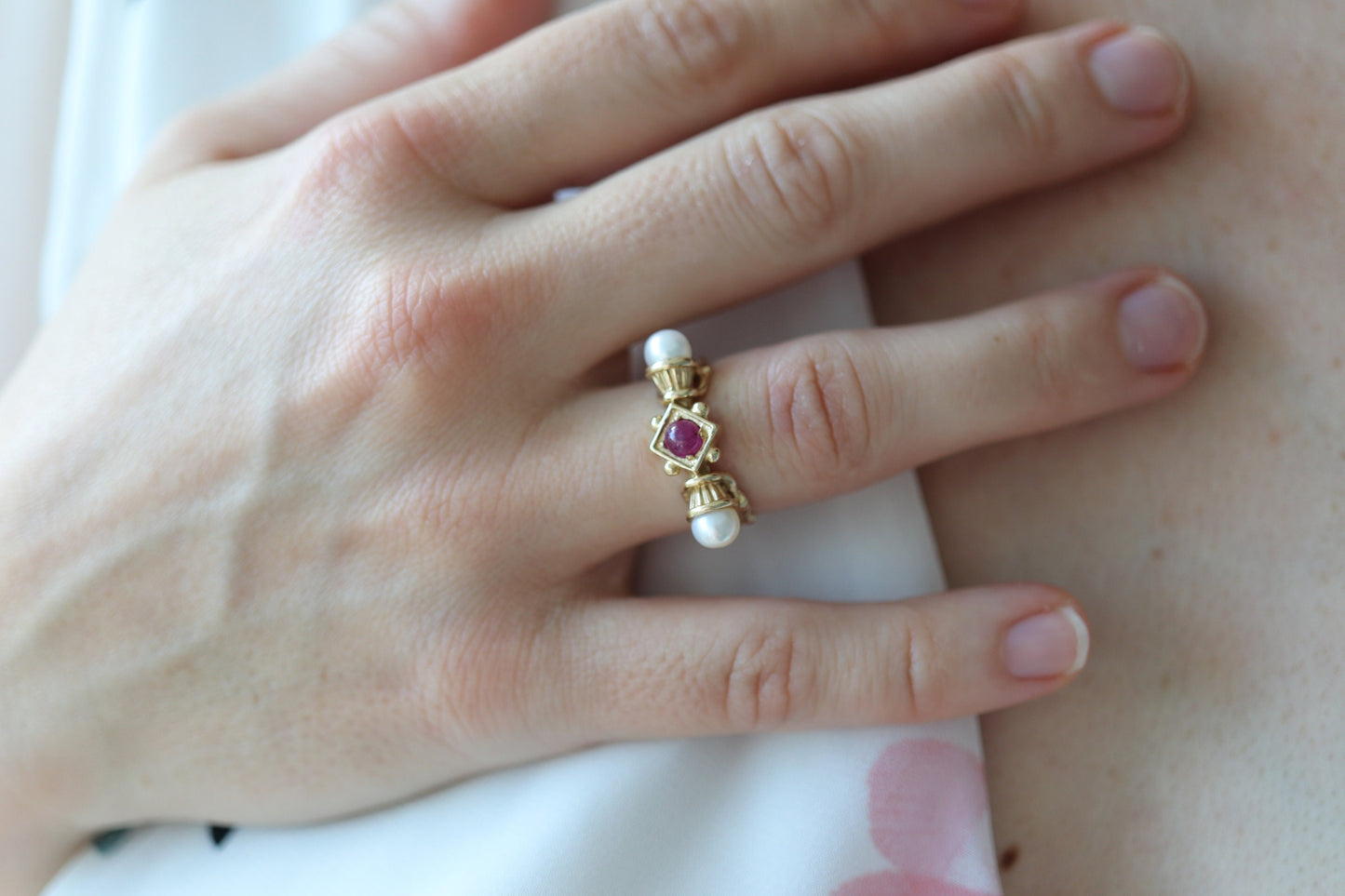 14k Ruby and Pearl Cluster ring. Victorian Pearl seed and Ruby band. Etruscan Revival Byzantine Ruby Pearl Cluster
