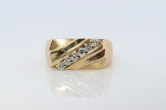 14k Mens Diamond Signet Ring. 14k Diagonal Diamond bar channel ring.