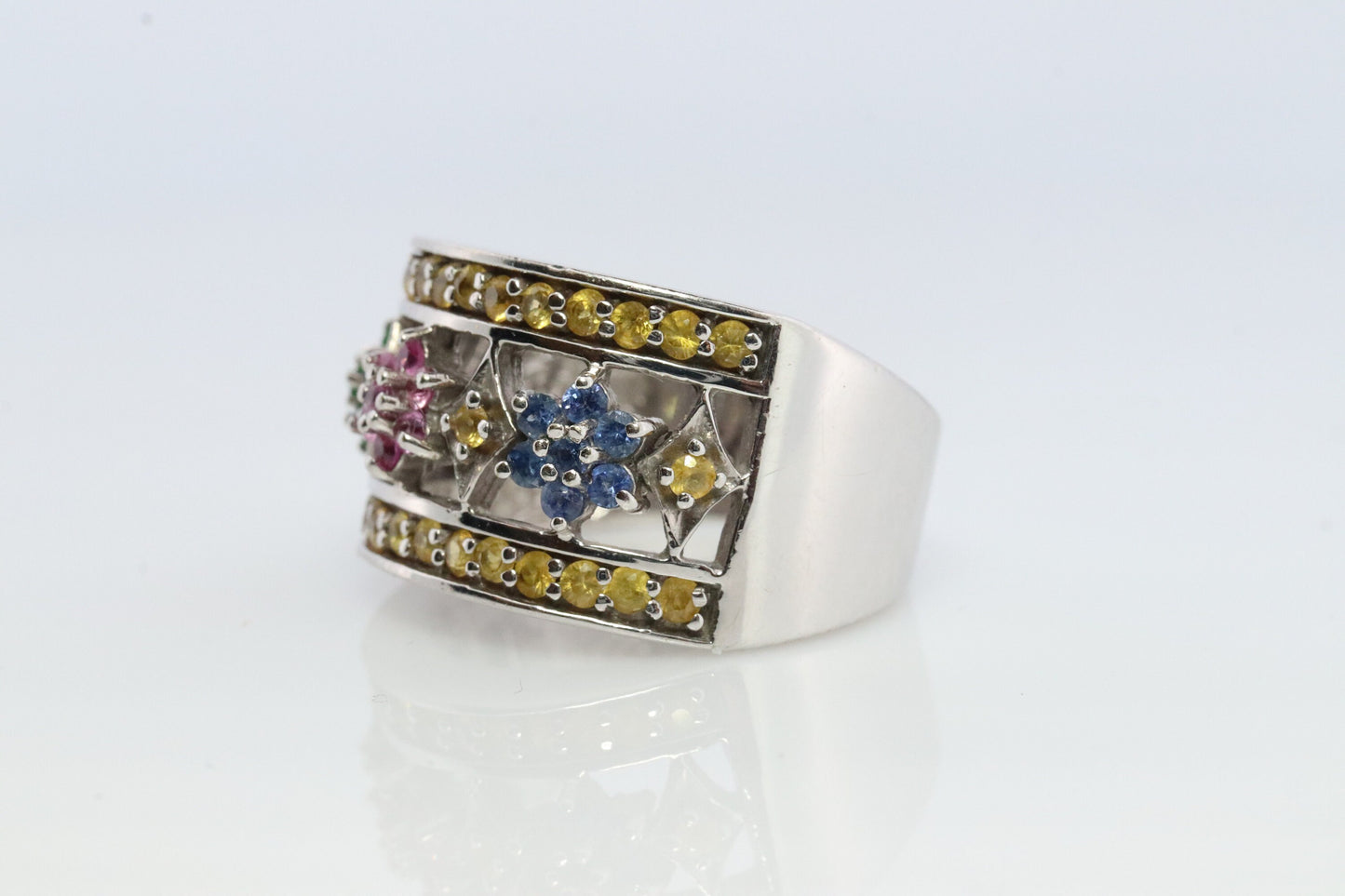Le Vian Flower Wide Ring. 14k White gold Levian Le Vian Rubies Sapphires and Emeralds Daisy Pattern.