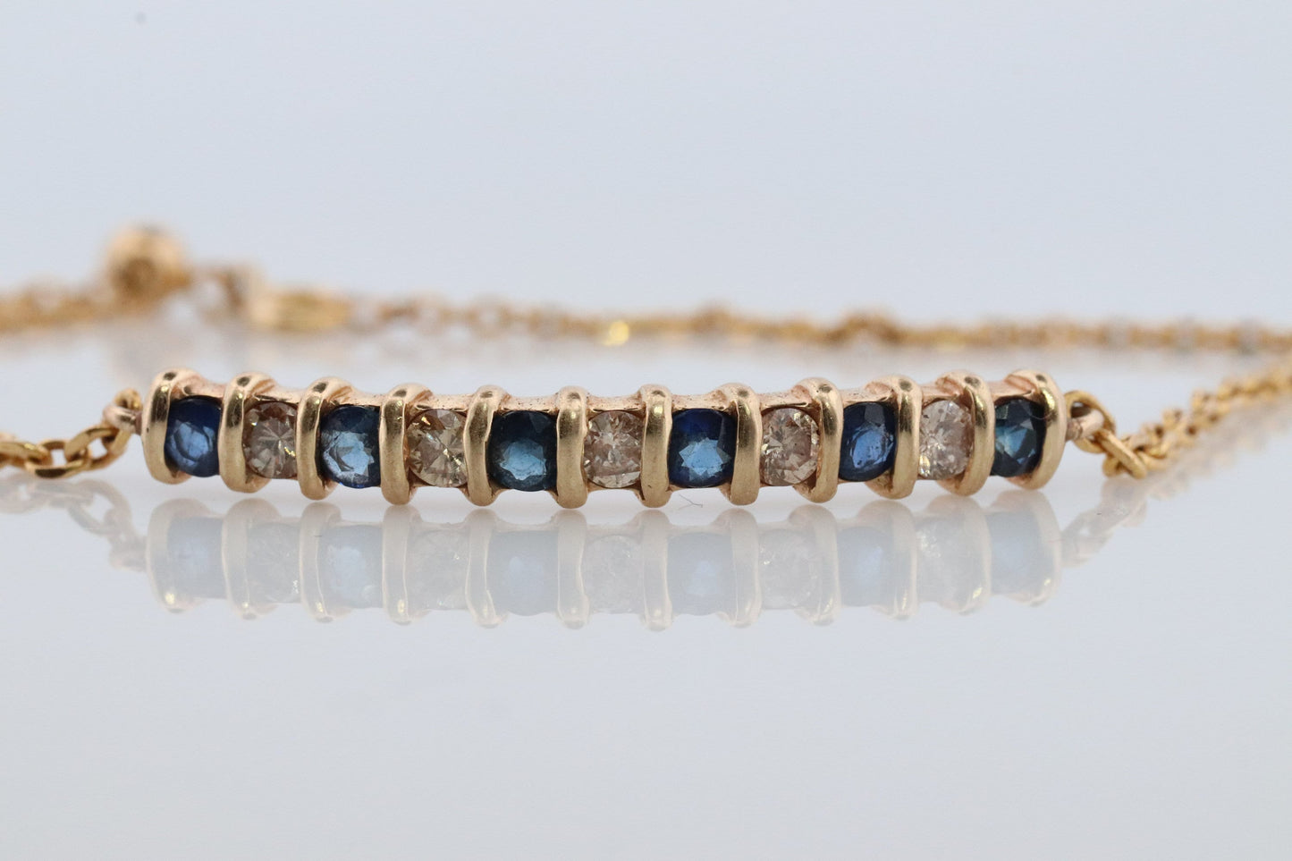 10k Dark Blue Sapphire Diamond Bar Bracelet. 10k/14k Yellow Gold Genuine Sapphire Diamond Tennis Adjustable Bracelet.