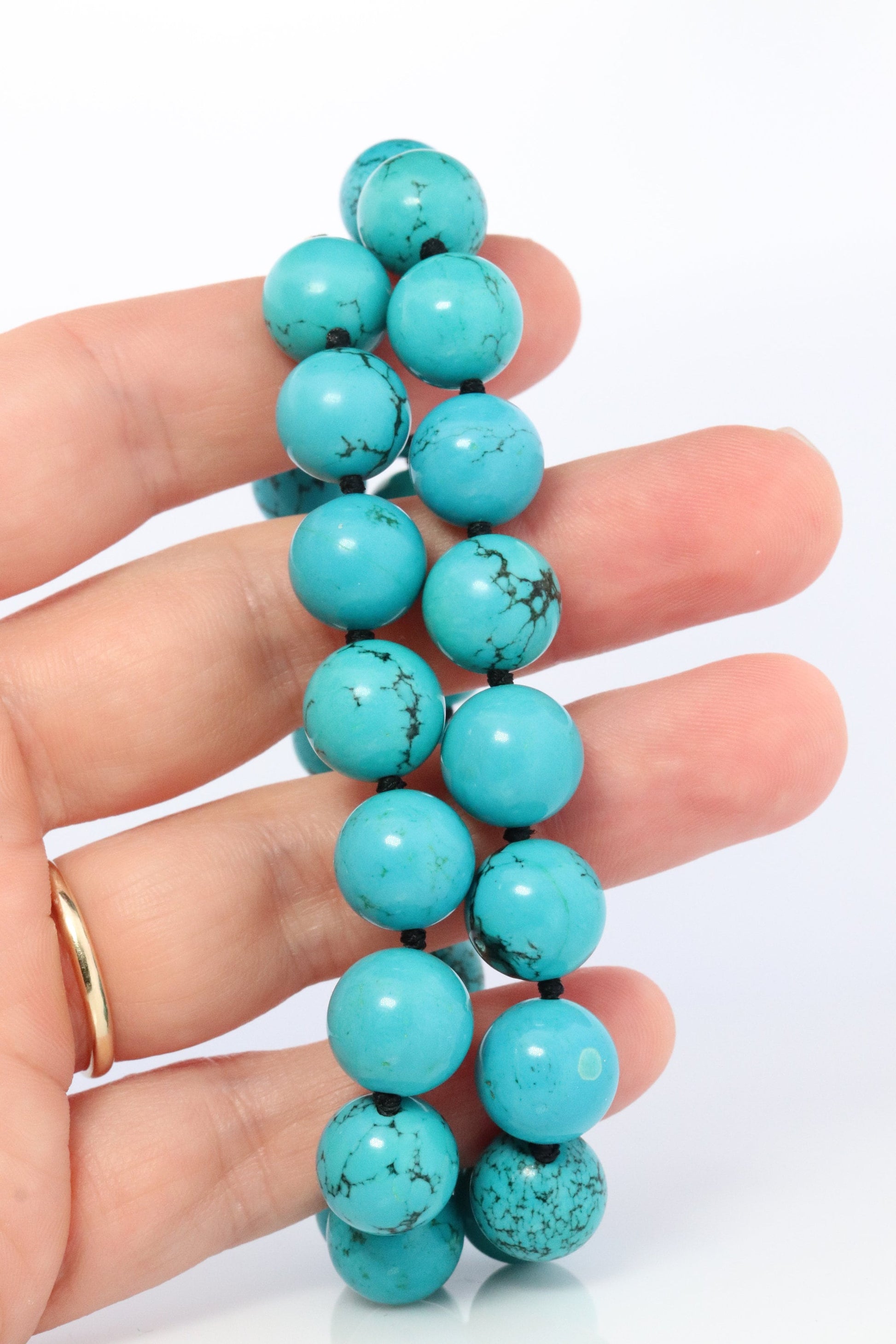 14k Genuine Turquoise Bead Necklace. Round Turquoise Knotted Beads Necklace. 18in