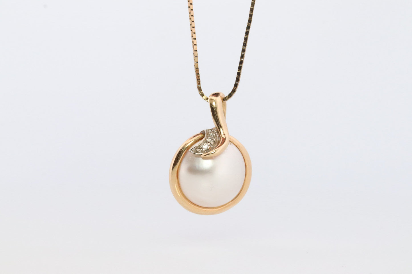 14k Round MABE Pearl Diamond Pendant. Pearl Pendant. Oritalia Mabe Pearl Drop pendant with box chain necklace.