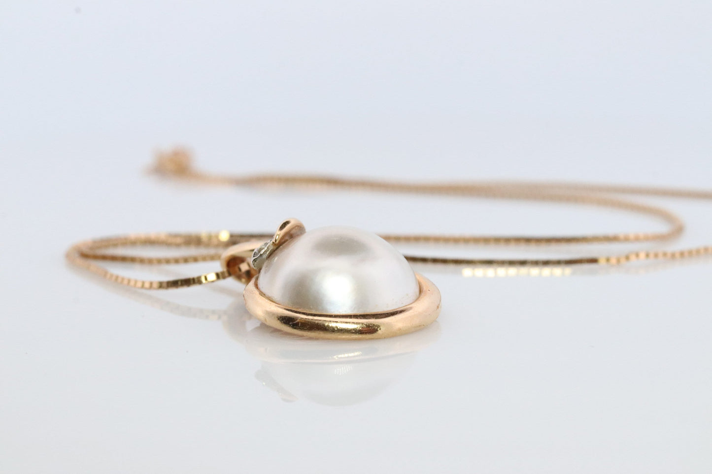 14k Round MABE Pearl Diamond Pendant. Pearl Pendant. Oritalia Mabe Pearl Drop pendant with box chain necklace.