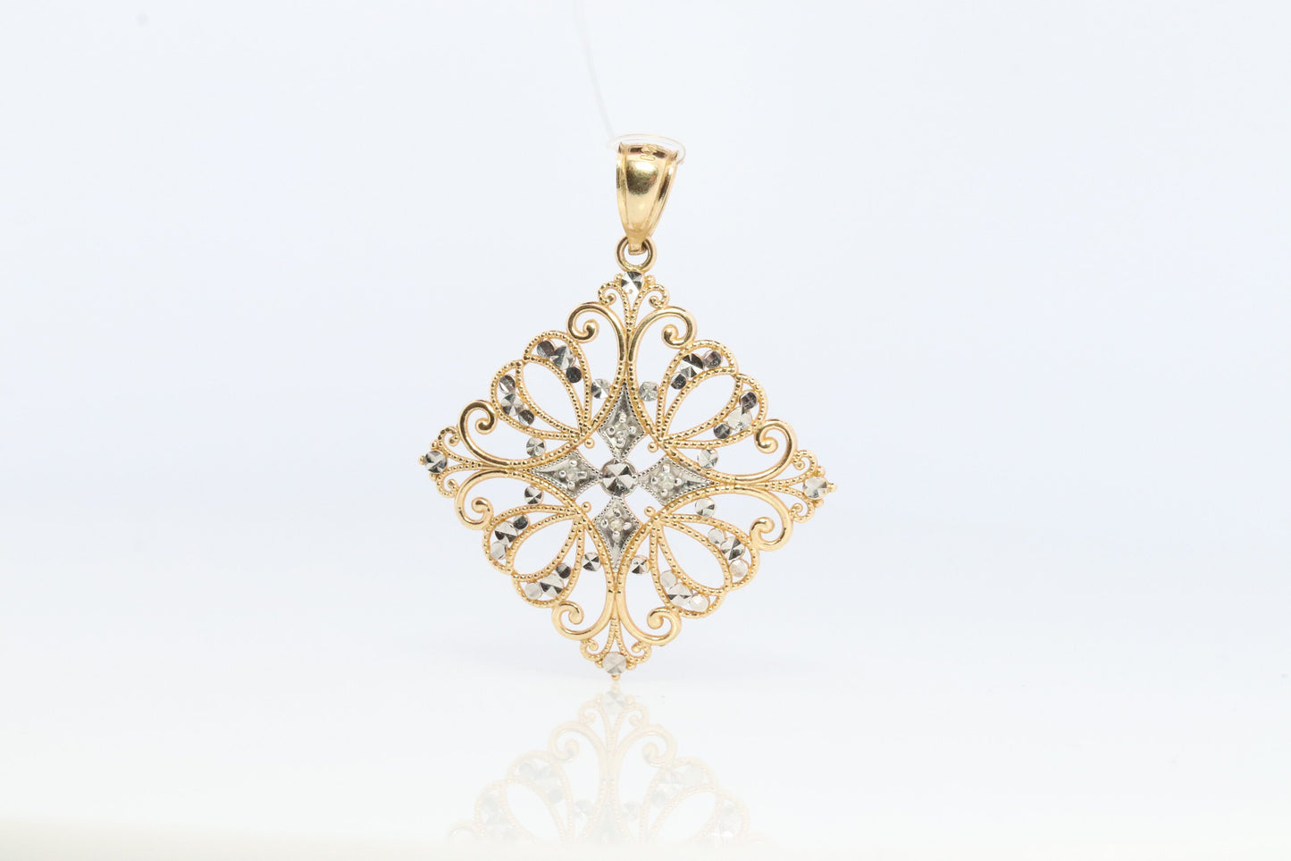 14k Filigree Diamond Pendant Medallion. 14k Gold Geometric Medallion Open Diamond Cut. Rhombus Medallion Pendant.