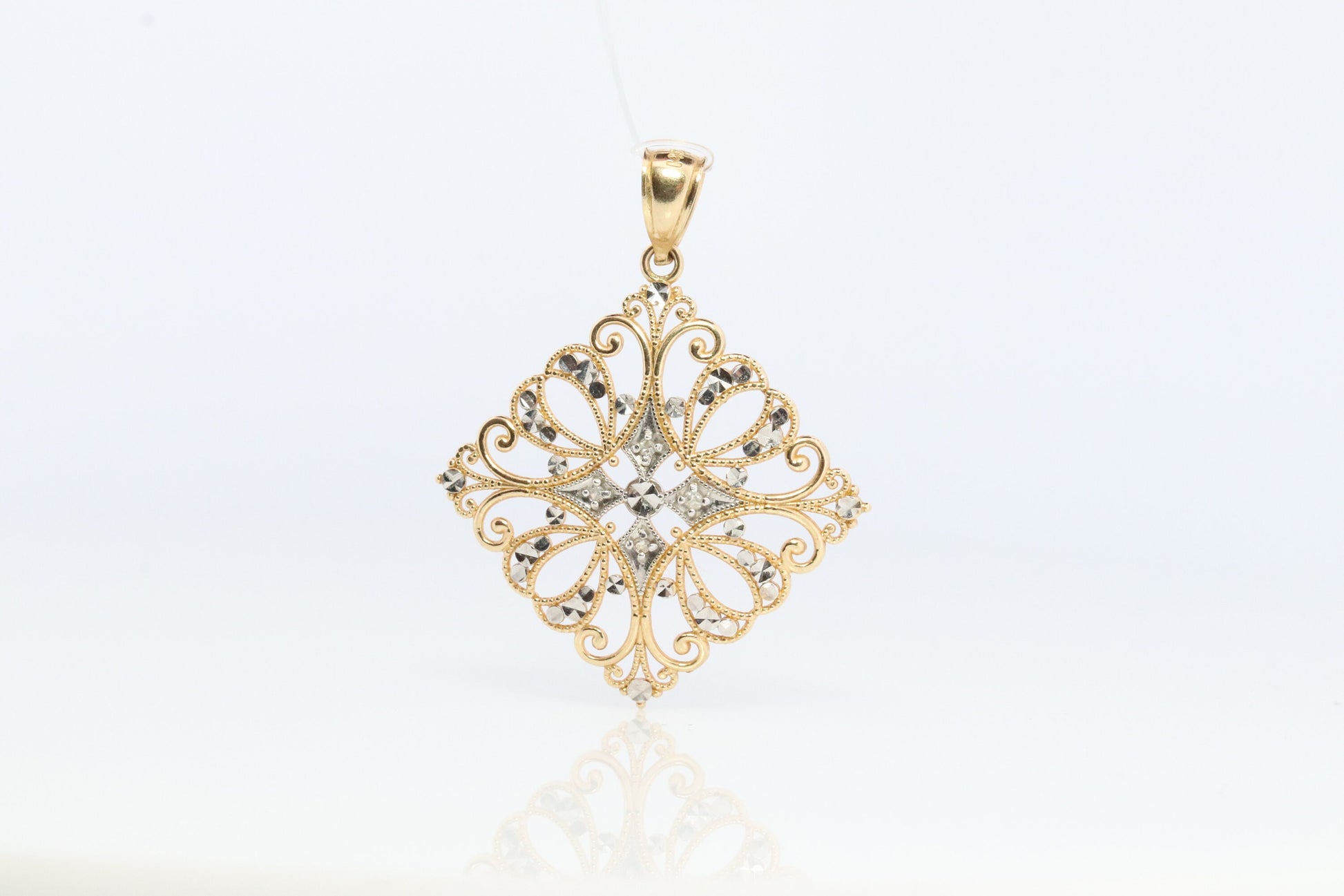 14k Filigree Diamond Pendant Medallion. 14k Gold Geometric Medallion Open Diamond Cut. Rhombus Medallion Pendant.