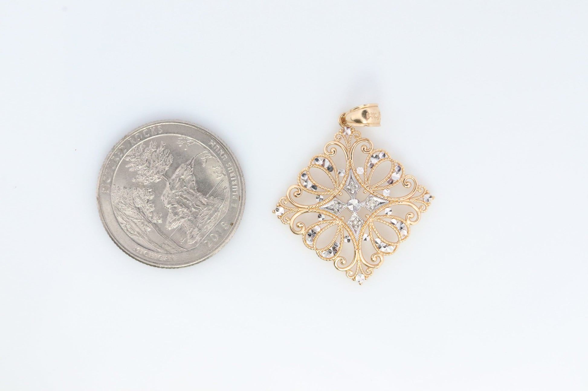 14k Filigree Diamond Pendant Medallion. 14k Gold Geometric Medallion Open Diamond Cut. Rhombus Medallion Pendant.