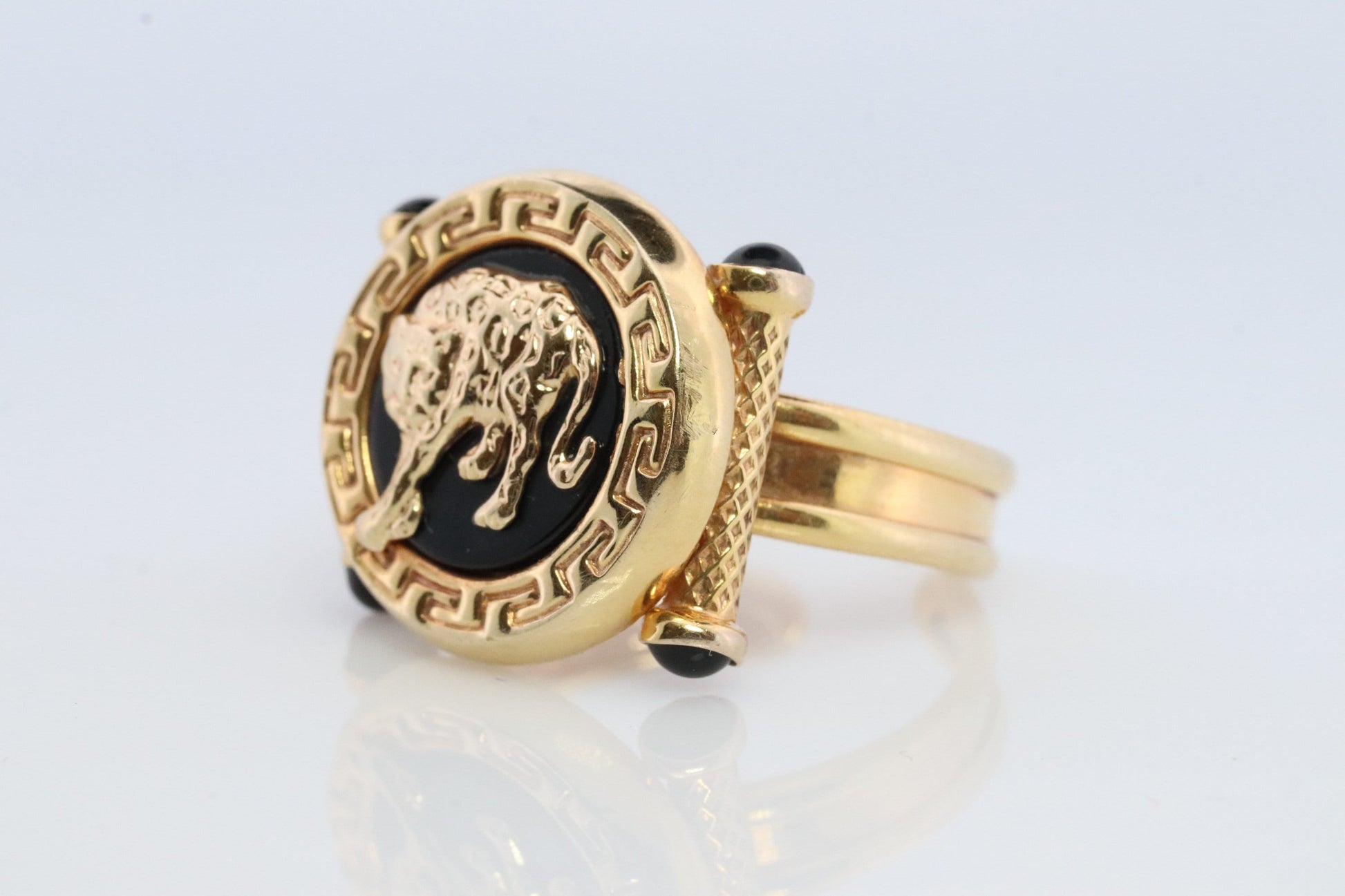 14k Panther Leopard Jaguar Cheetah Onyx ring. Etruscan Revival Onyx Adjustable Ring.