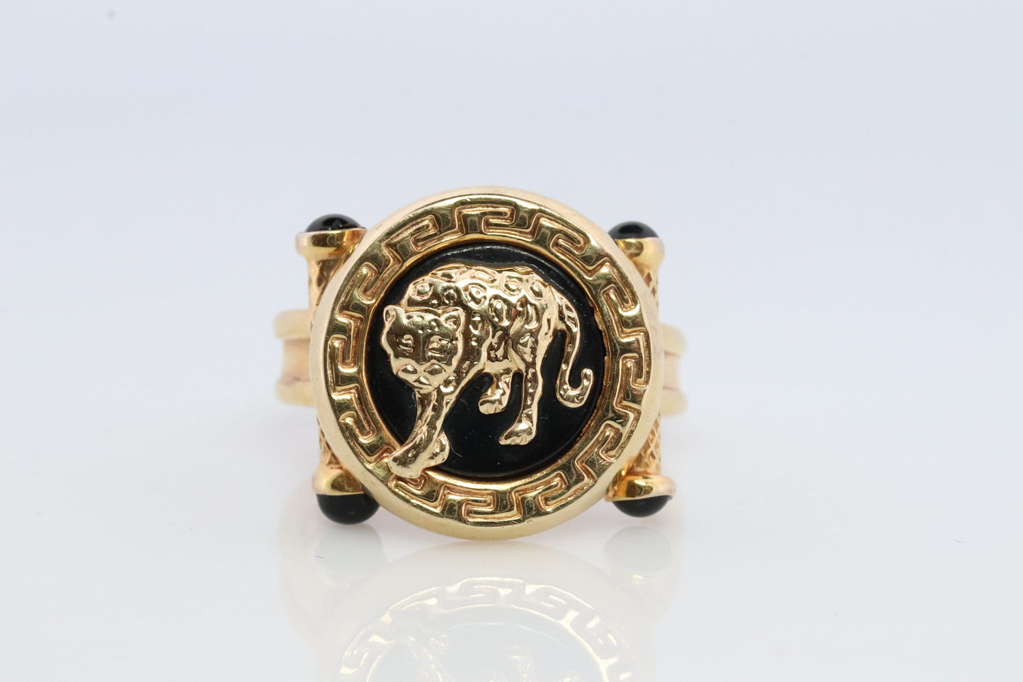 14k Panther Leopard Jaguar Cheetah Onyx ring. Etruscan Revival Onyx Adjustable Ring.
