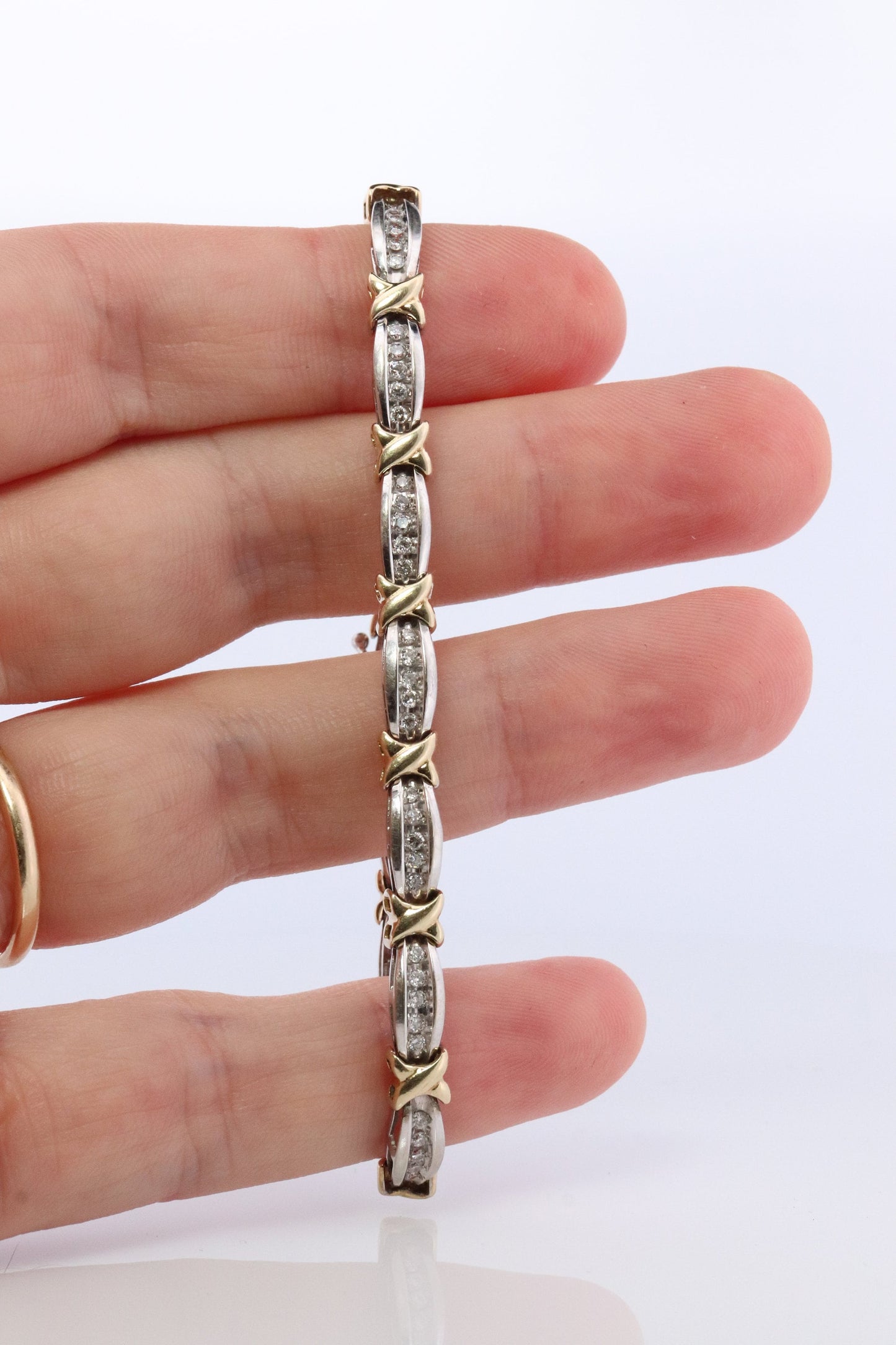 10k Diamond XOXO Bracelet. 10k Yellow White Gold Kiss Hug Diamond Bracelet.