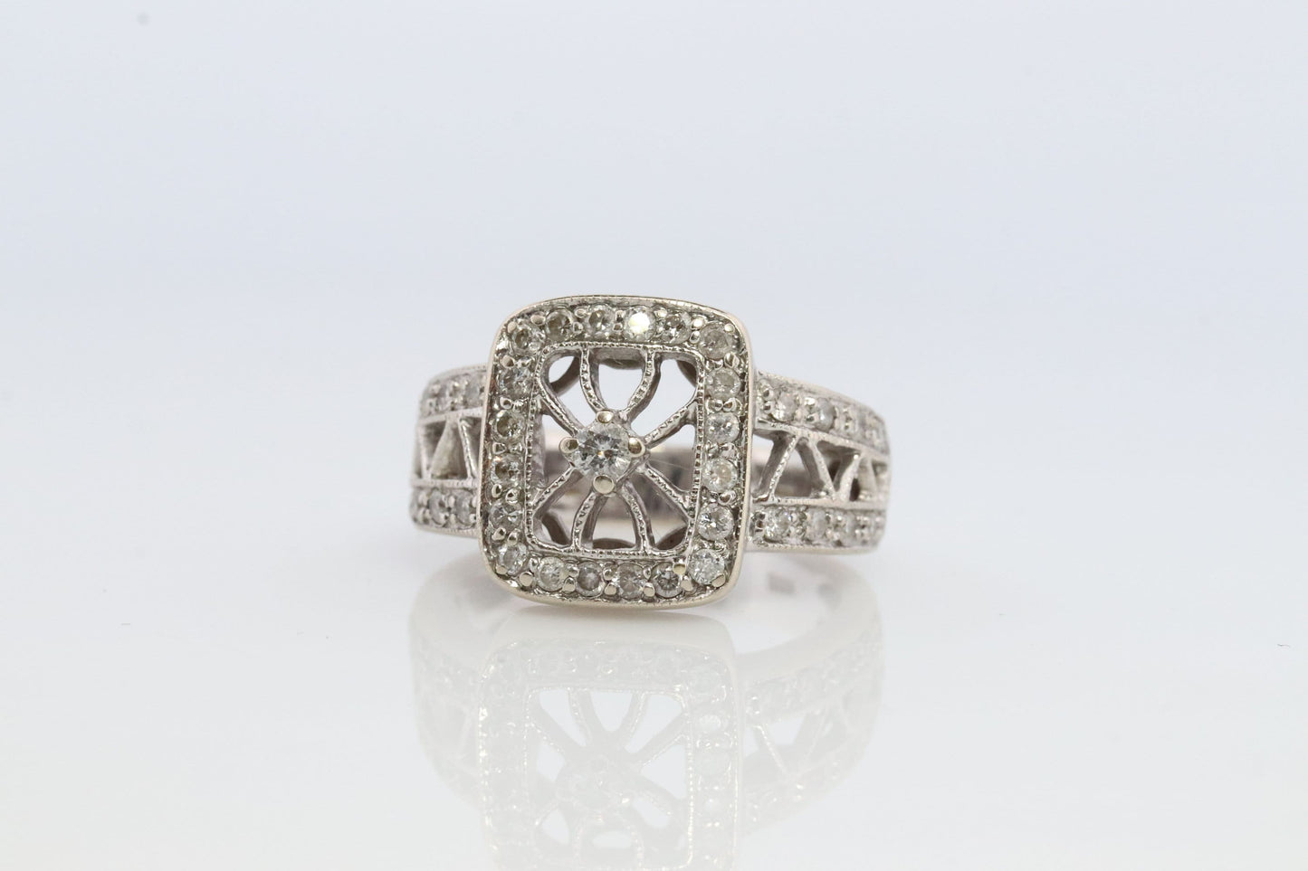 14k Filigree diamond shield ring. 14k Vintage diamond ring. Open Work Diamond ring.