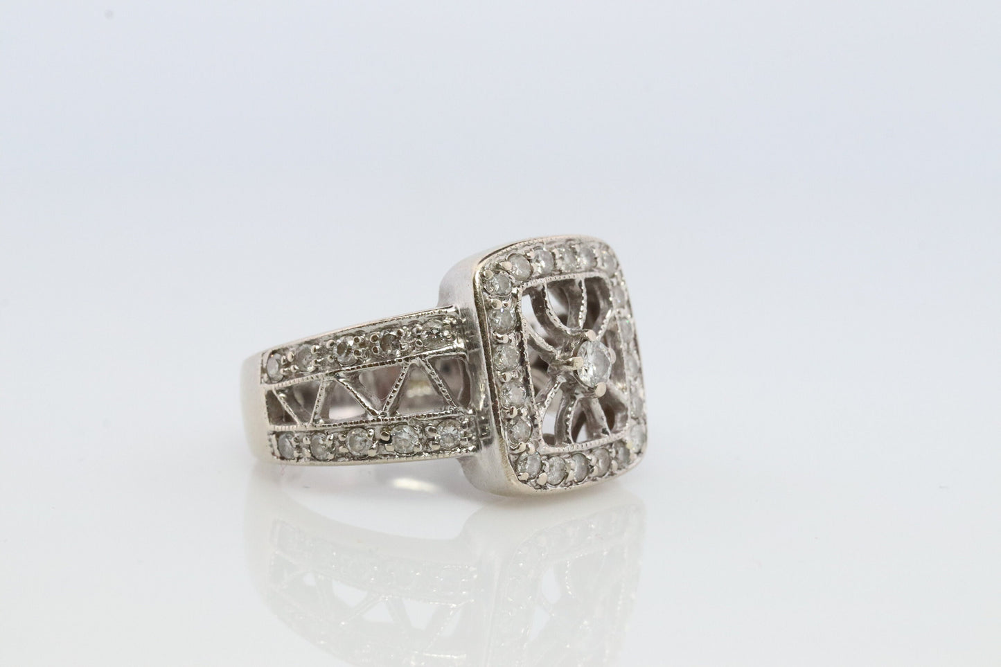14k Filigree diamond shield ring. 14k Vintage diamond ring. Open Work Diamond ring.